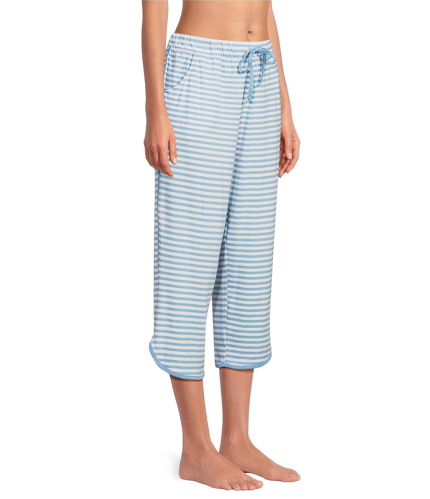 Sleep Sense Blue Stripe Print Coordinating Knit Cropped Sleep Pants