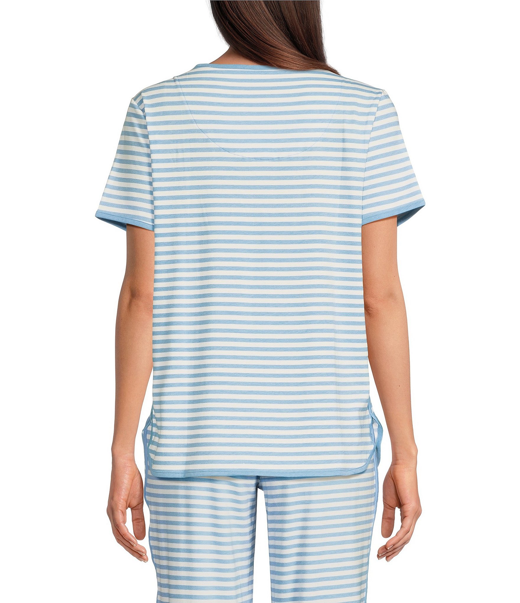 Sleep Sense Blue Stripe Print Short Sleeve Crew Neck Coordinating Knit Sleep Tee Shirt