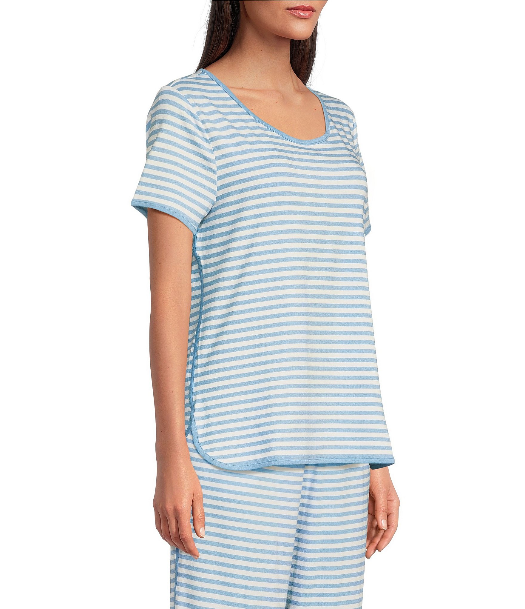 Sleep Sense Blue Stripe Print Short Sleeve Crew Neck Coordinating Knit Sleep Tee Shirt