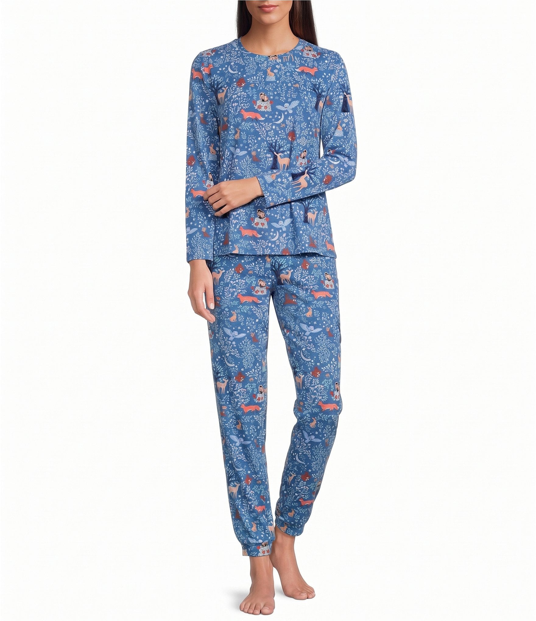 Sleep Sense Blue Woods Print Drawstring Tie Coordinating Knit Sleep Joggers