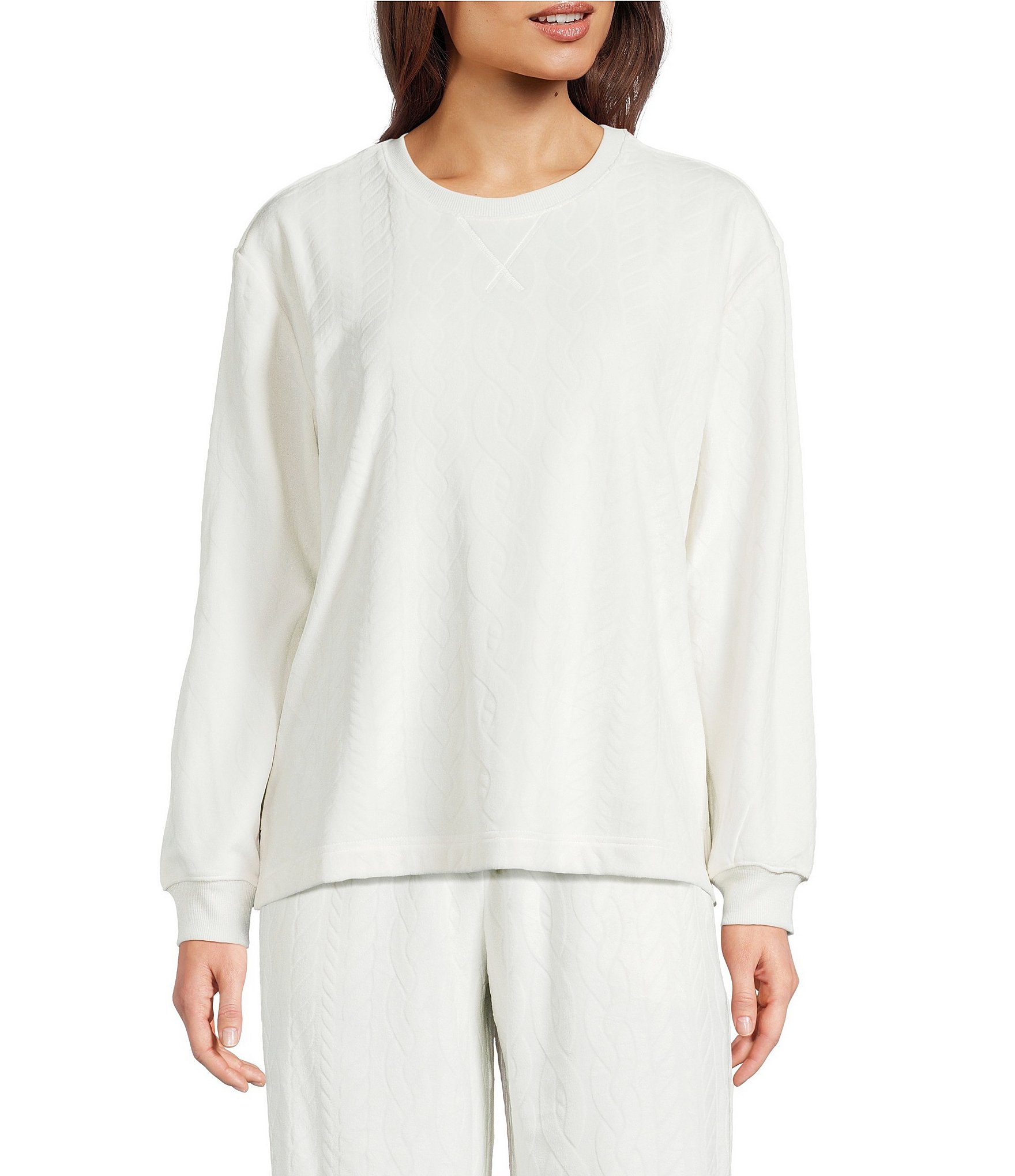 Sleep Sense Cable Knit Print Velour Long Sleeve Crew Neck Coordinating Sleep Top