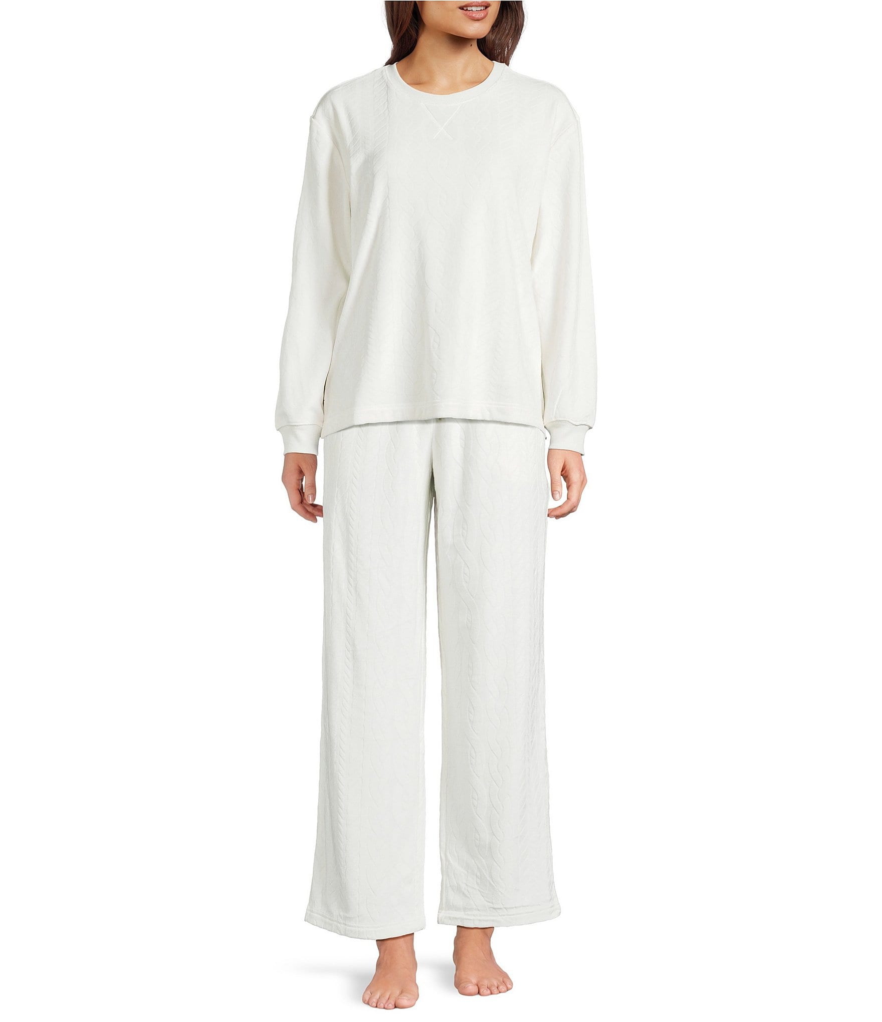 Sleep Sense Cable Knit Print Velour Long Sleeve Crew Neck Coordinating Sleep Top