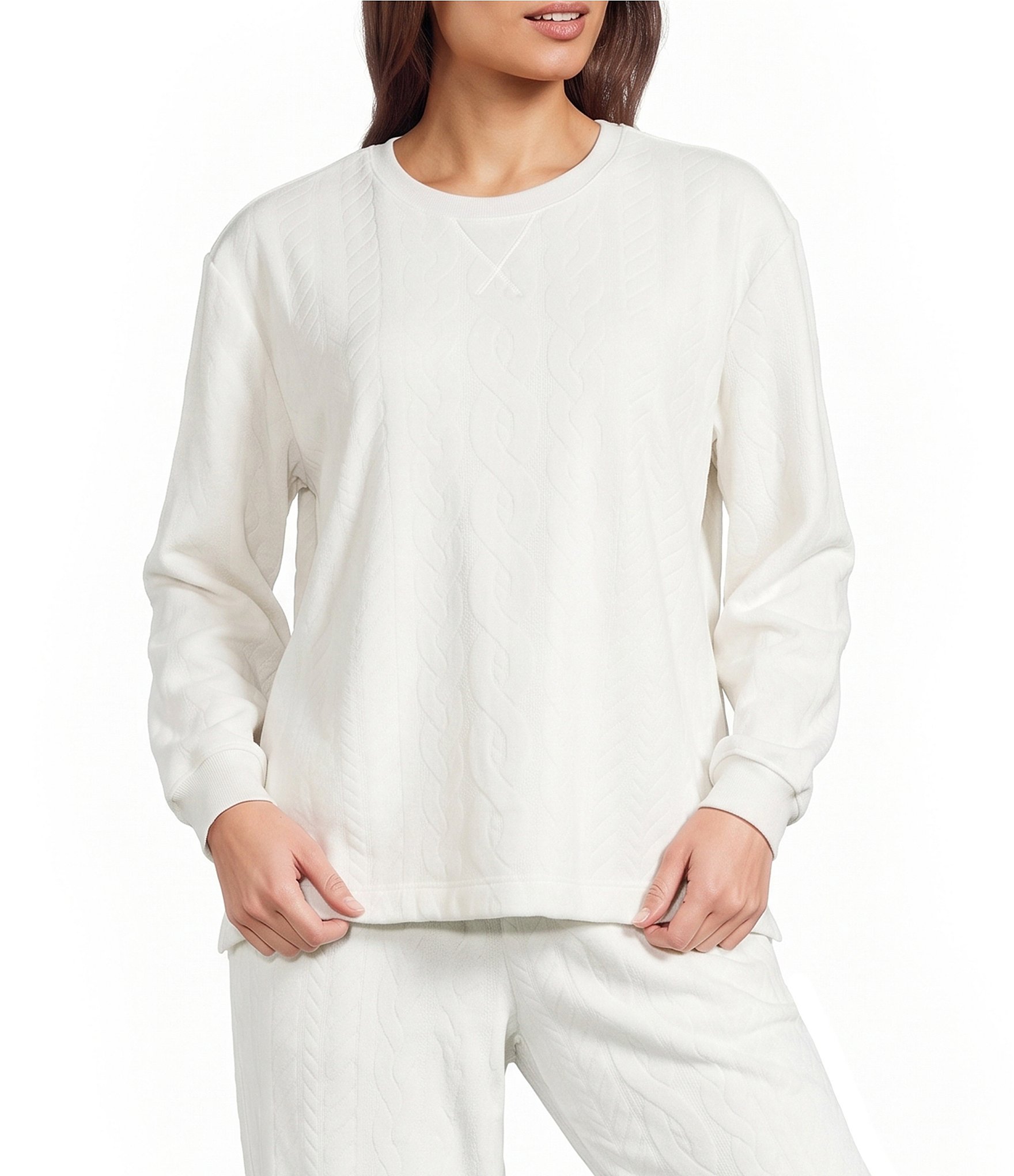 Sleep Sense Cable Knit Print Velour Long Sleeve Crew Neck Coordinating Sleep Top