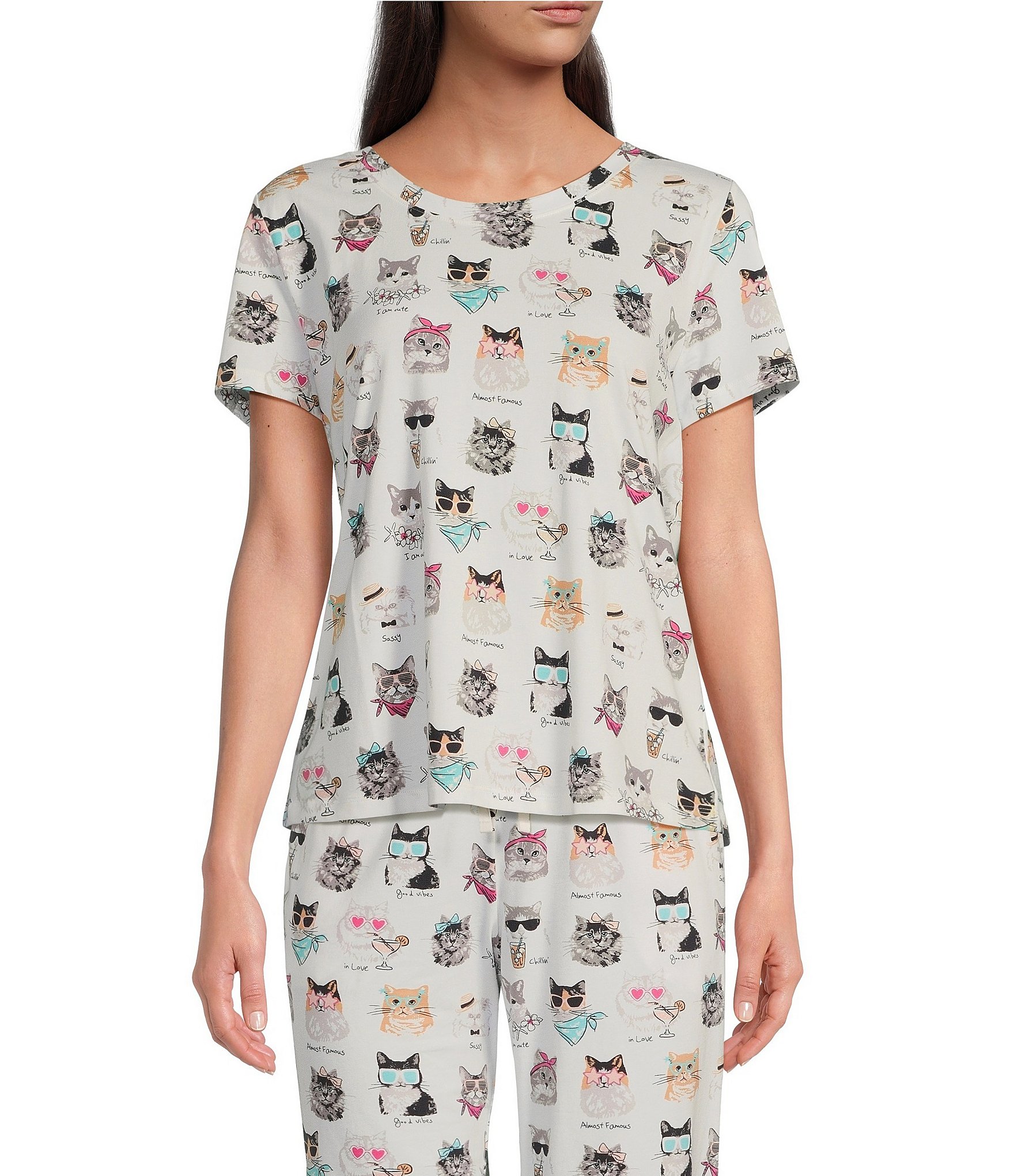 Sleep Sense Cat Print Short Sleeve Scoop Neck Coordinating Sleep Top