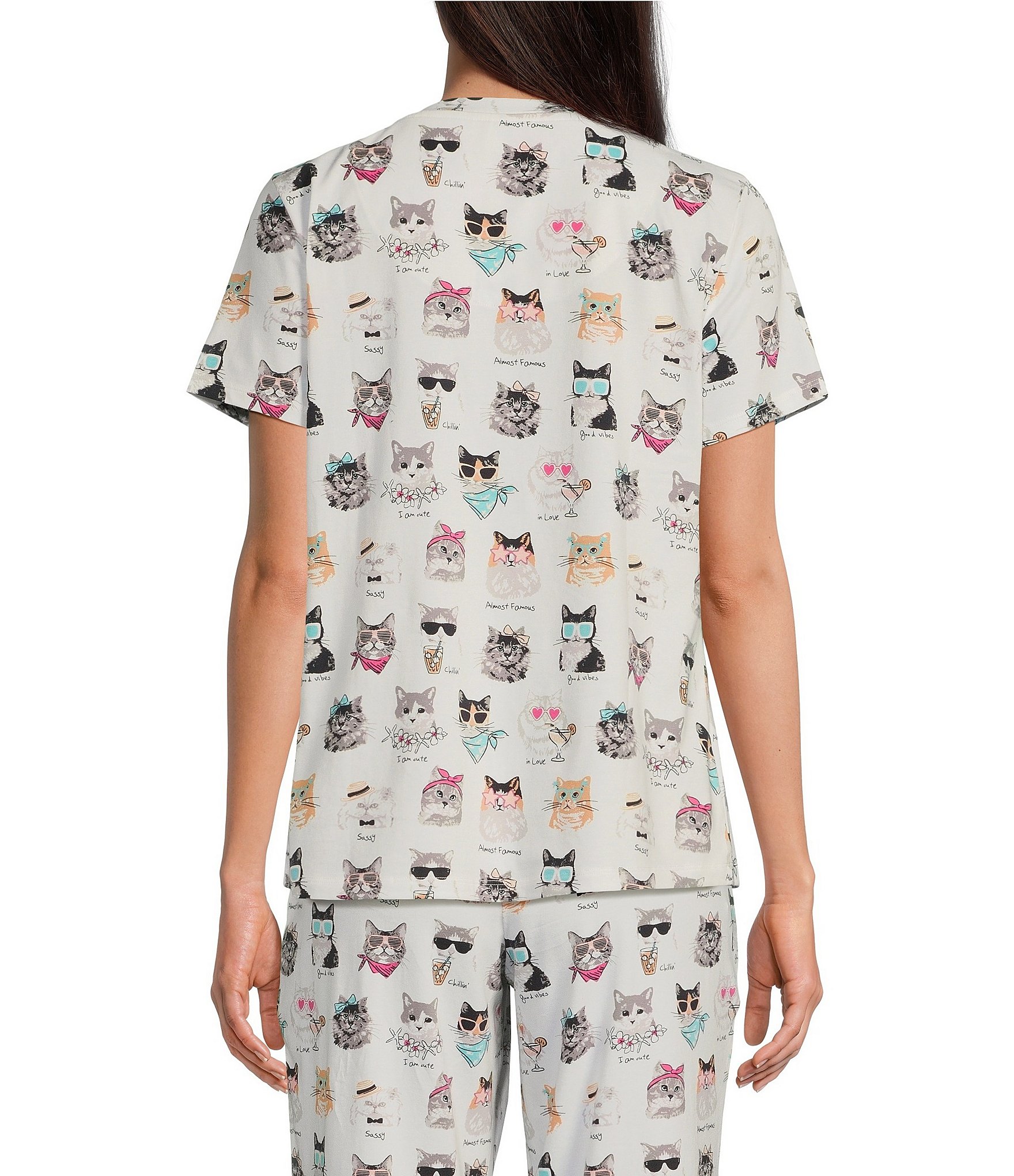 Sleep Sense Cat Print Short Sleeve Scoop Neck Coordinating Sleep Top