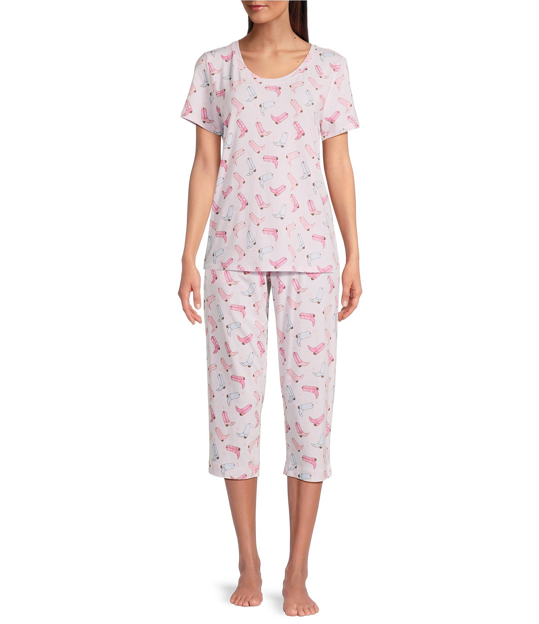 Sleep Sense Cowgirl Boot Print Short Sleeve Scoop Neck Coordinating Sleep Top
