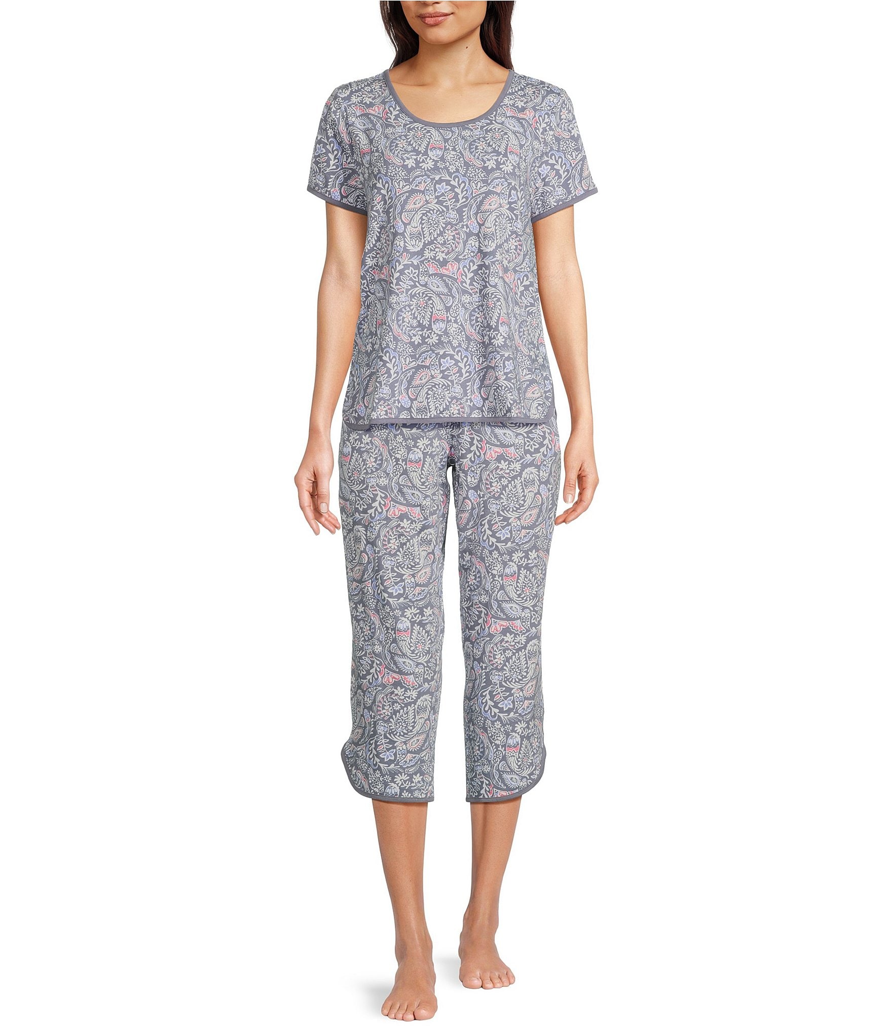 Sleep Sense Floral Paisley Print Coordinating Knit Copped Sleep Pants