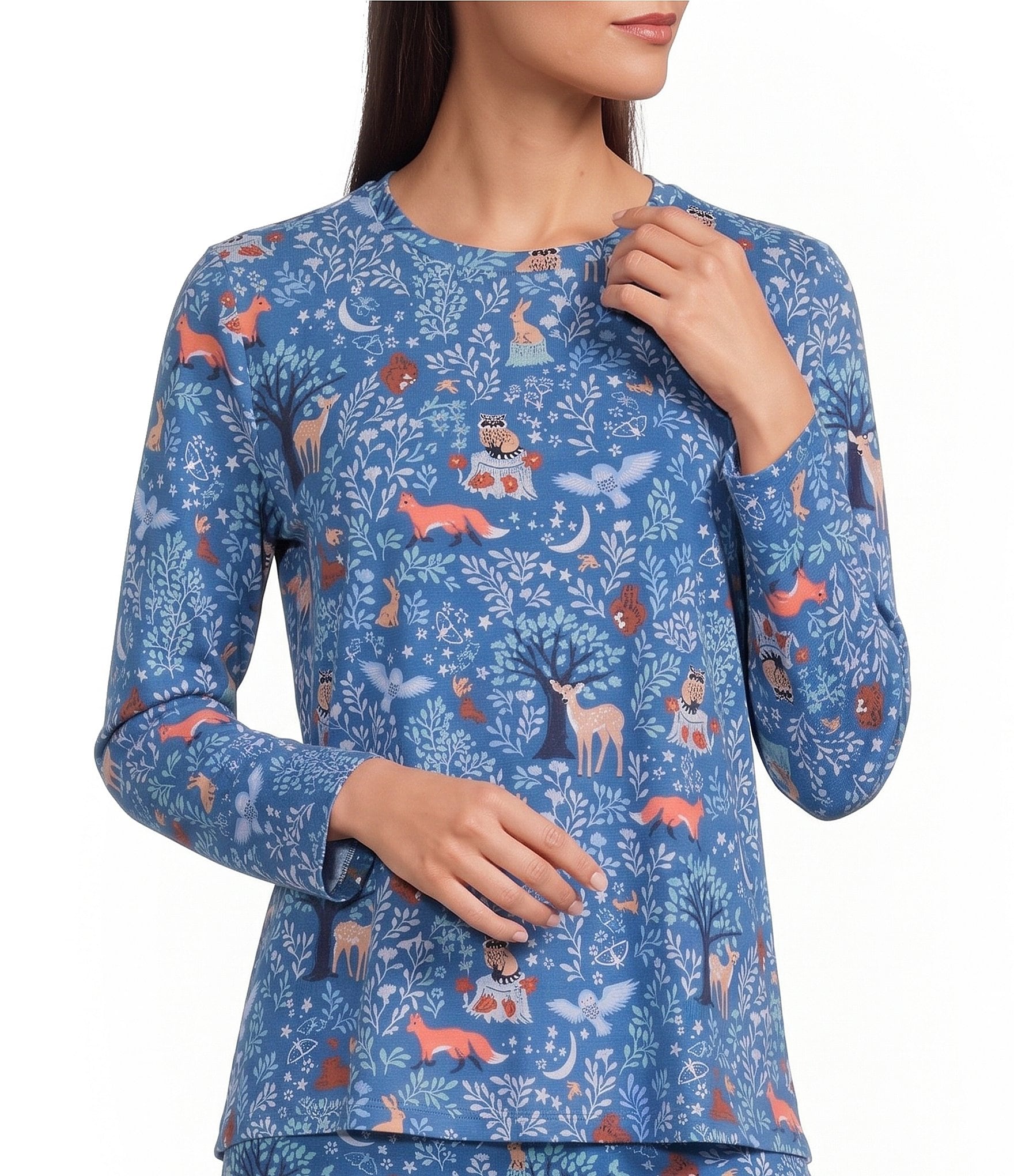 Sleep Sense Jersey Knit Blue Woods Print Long Sleeve Crew Neck Coordinating Sleep Top