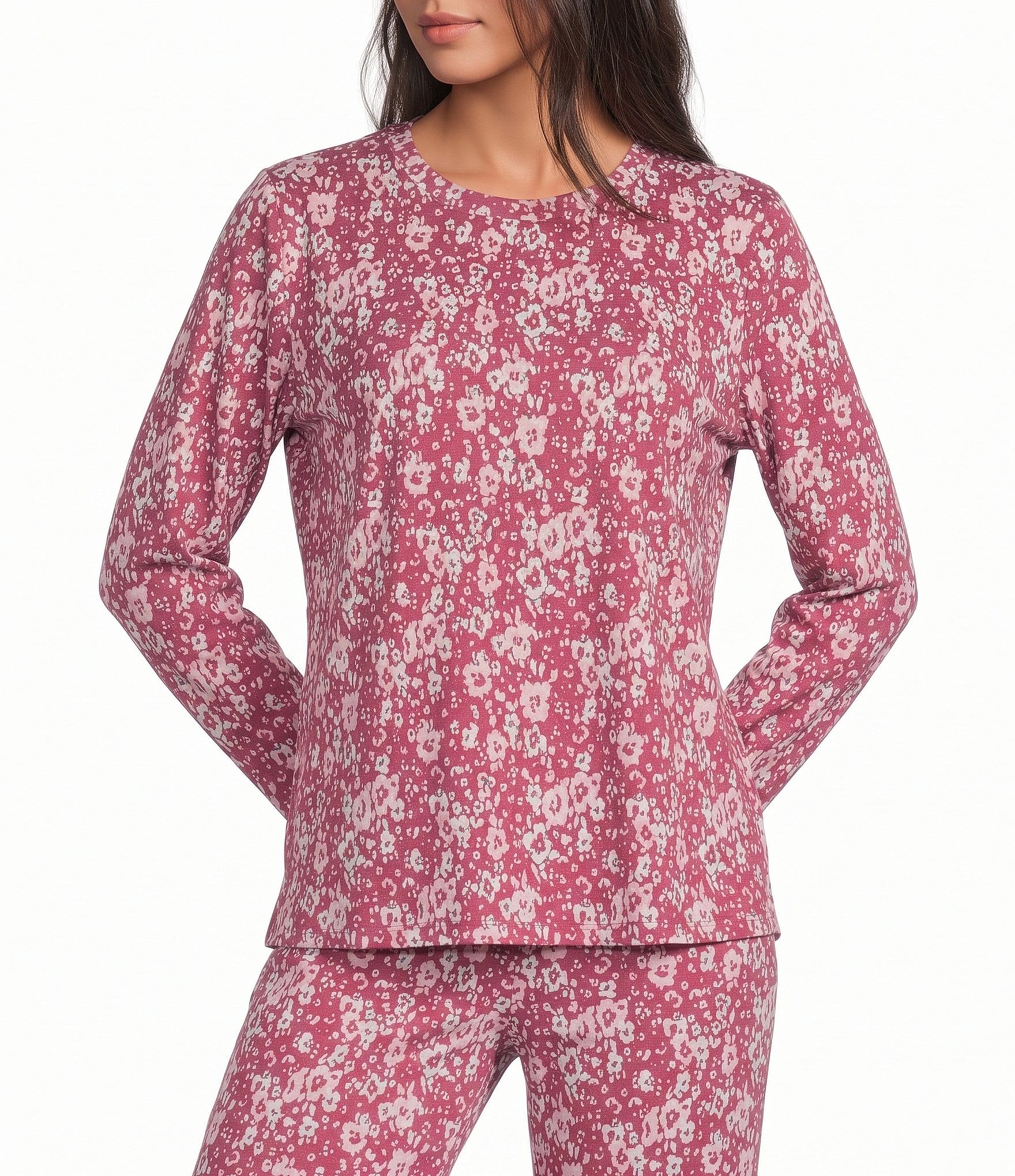 Sleep Sense Jersey Knit Floral Leopard Long Sleeve Crew Neck Coordinating Sleep Top