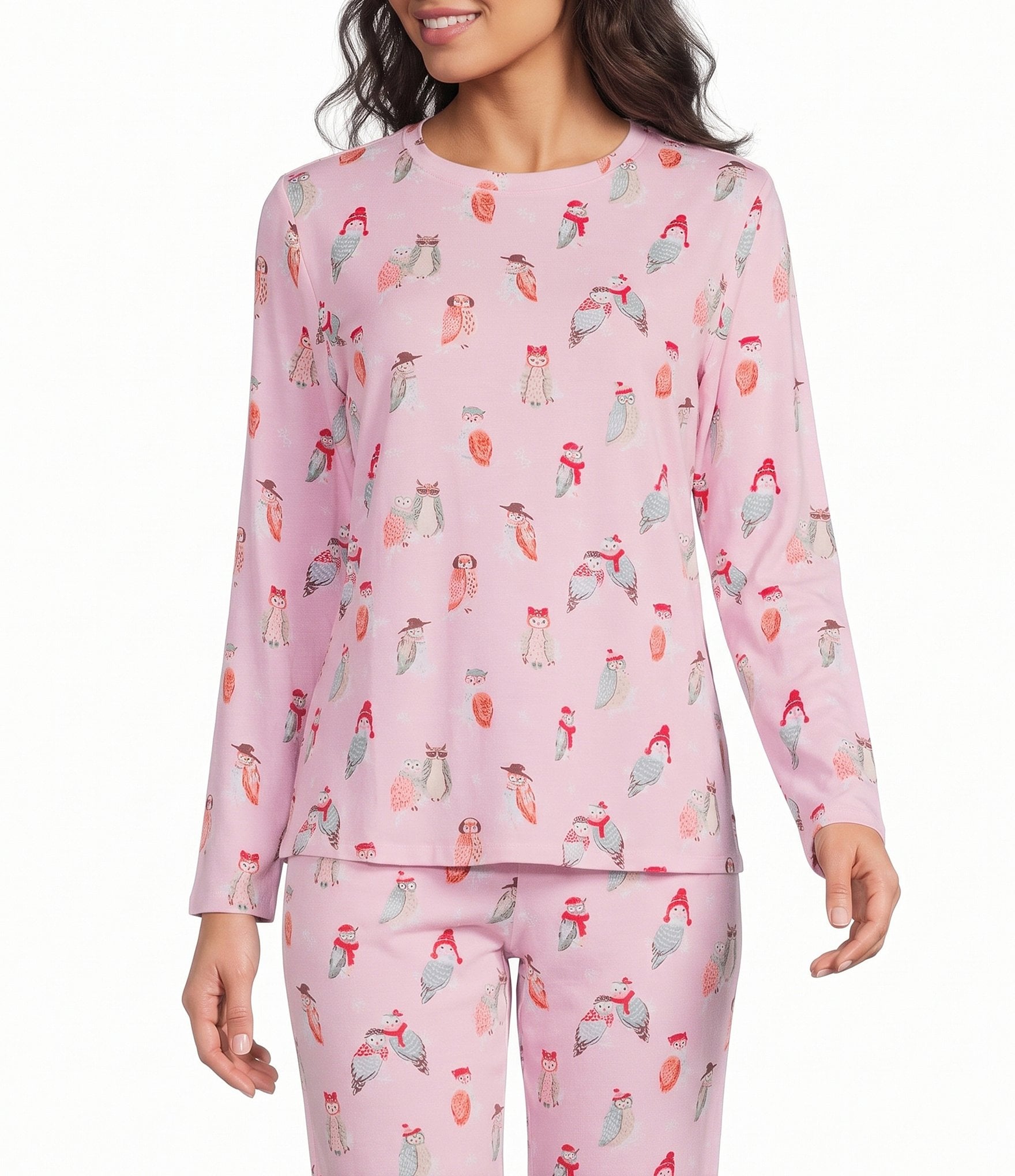 Sleep Sense Jersey Knit Owl Long Sleeve Scoop Neck Coordinating Sleep Top