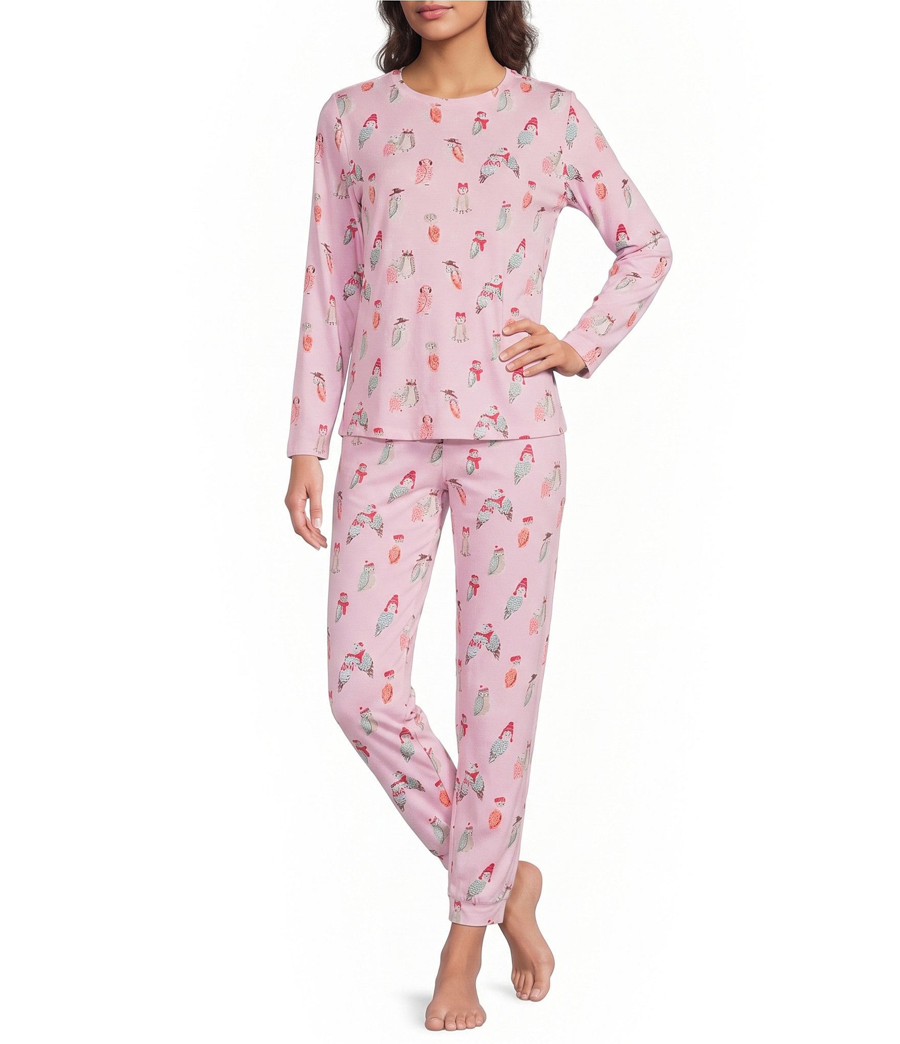 Sleep Sense Jersey Knit Owl Long Sleeve Scoop Neck Coordinating Sleep Top