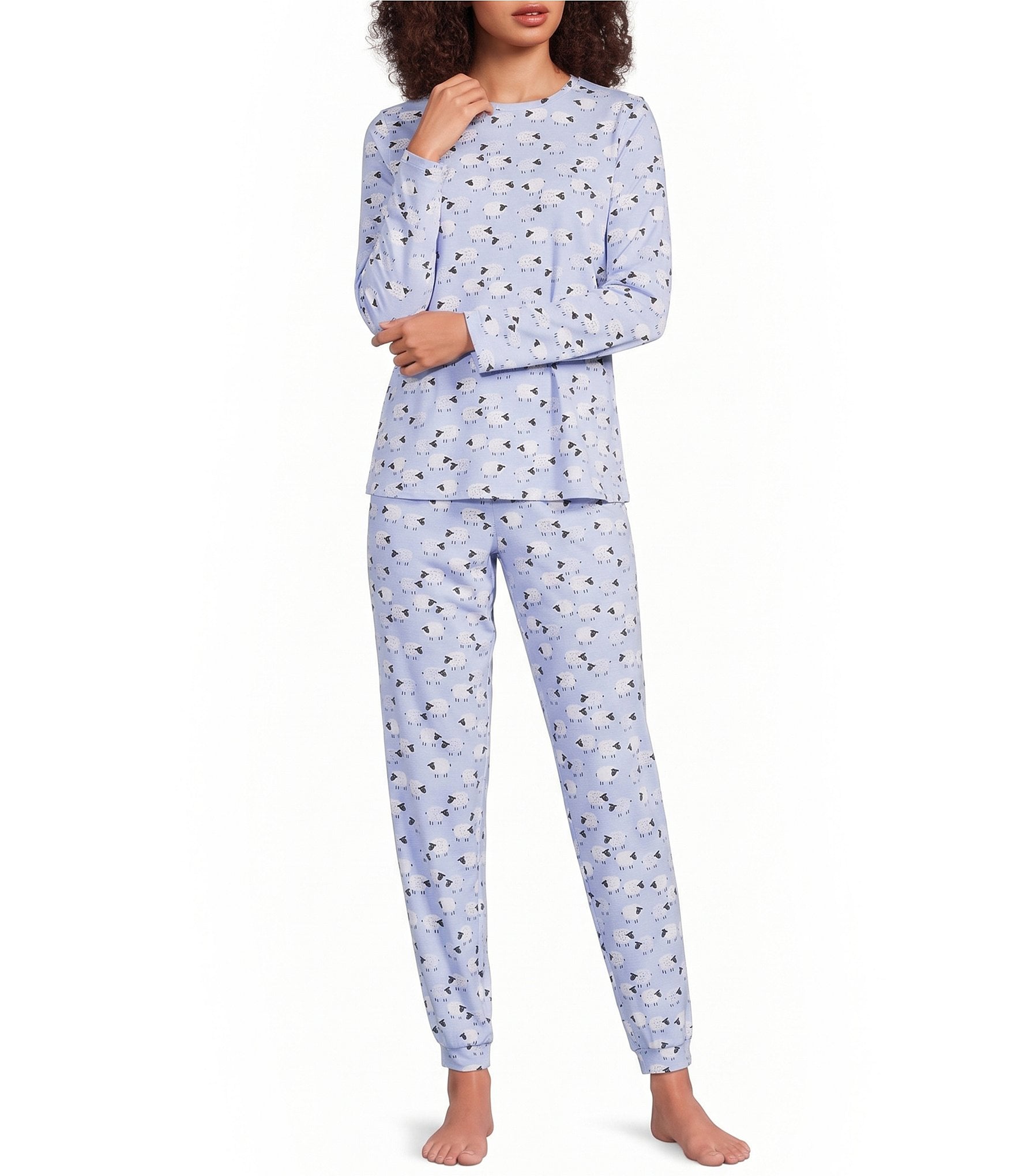 Sleep Sense Jersey Knit Sheep Long Sleeve Crew Neck Coordinating Sleep Top