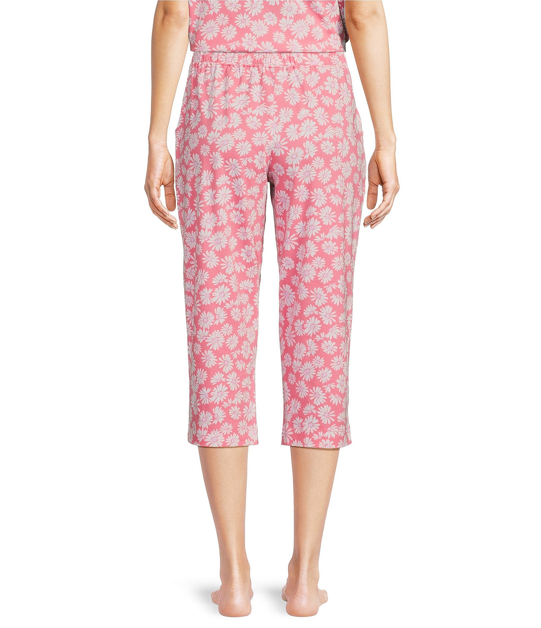 Sleep Sense Knit Daisy Print Drawstring Tie Coordinating Sleep Capri