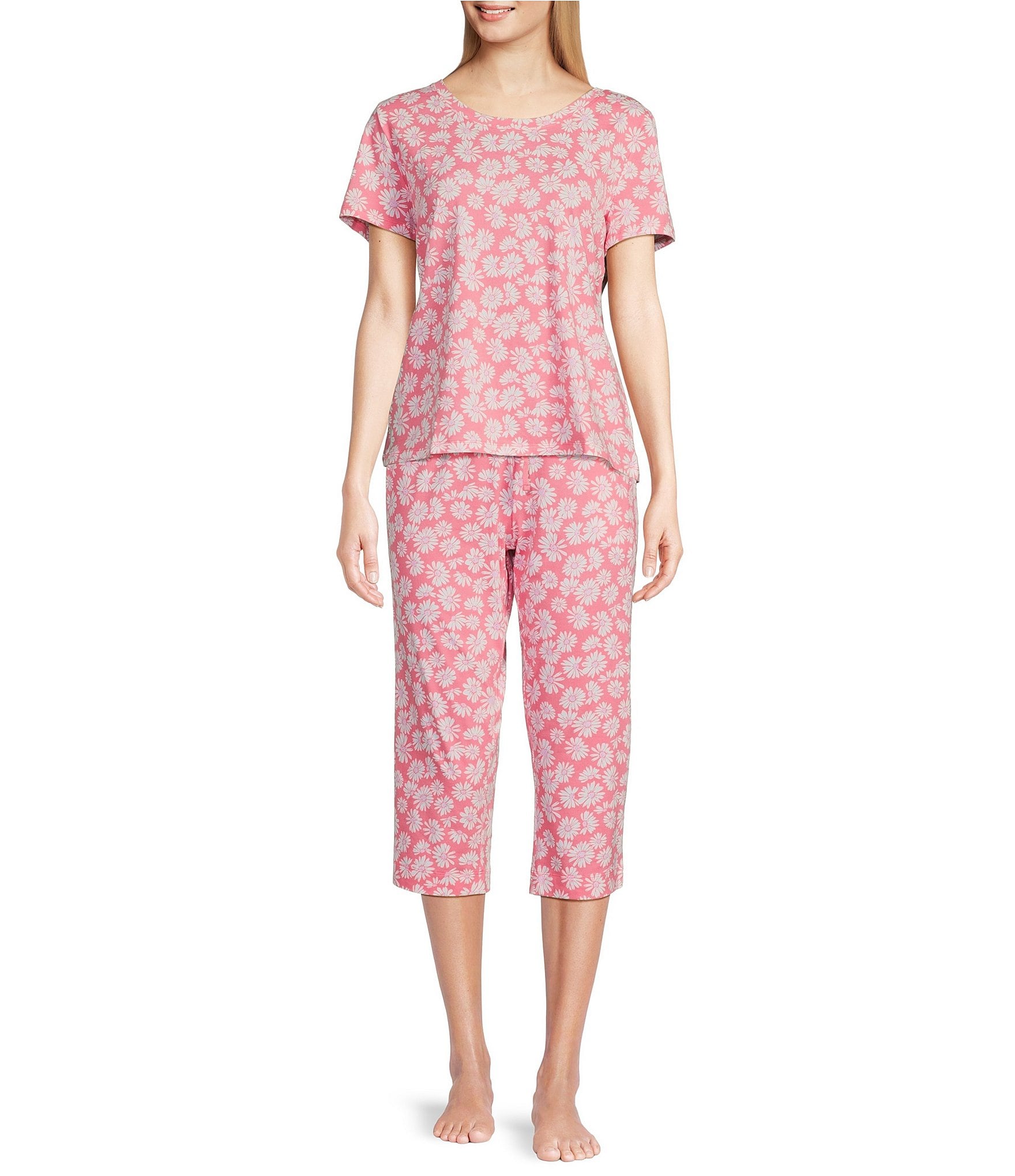 Sleep Sense Knit Daisy Print Drawstring Tie Coordinating Sleep Capri