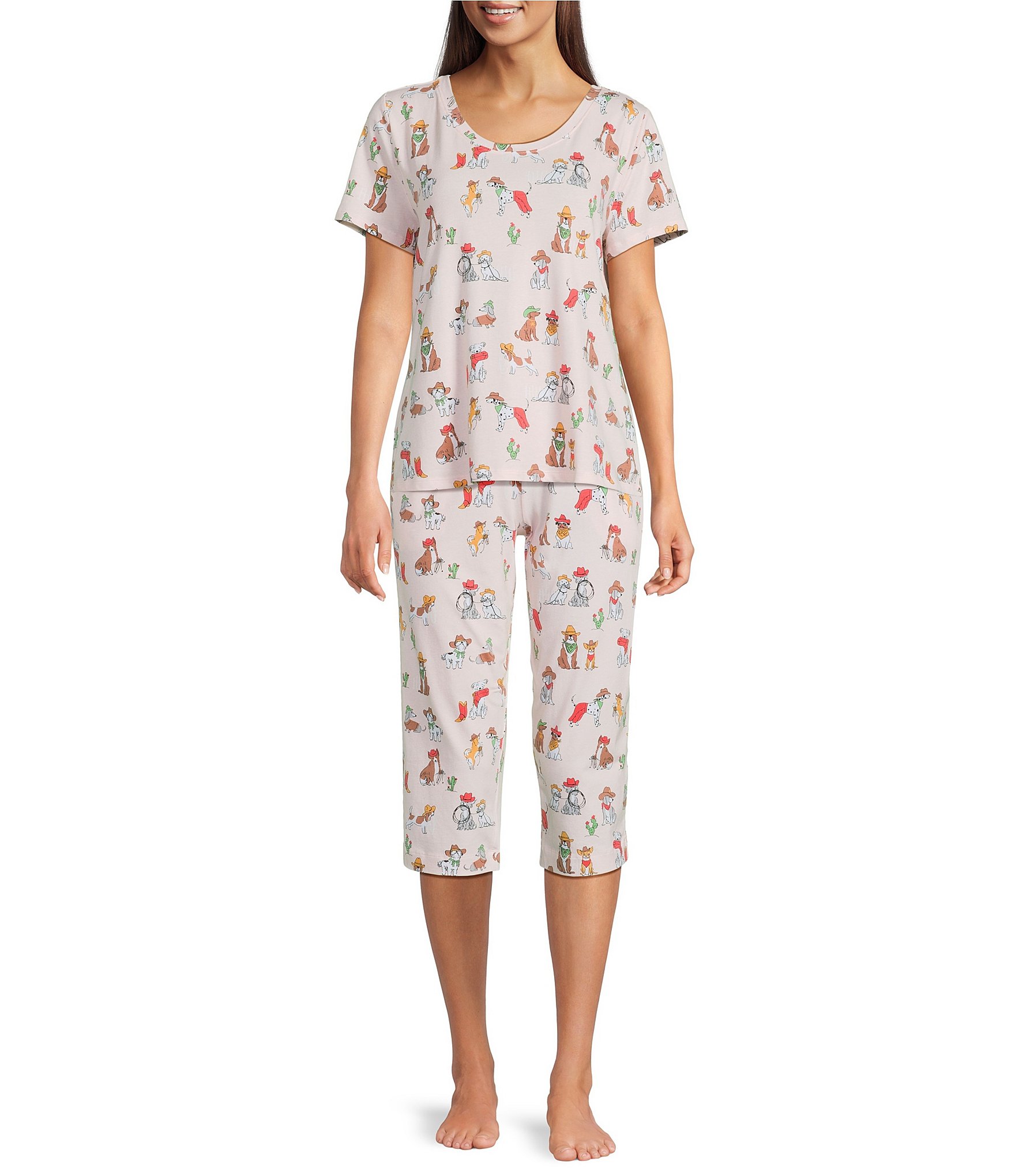 Sleep Sense Knit Western Dogs Print Drawstring Tie Coordinating Sleep Capri
