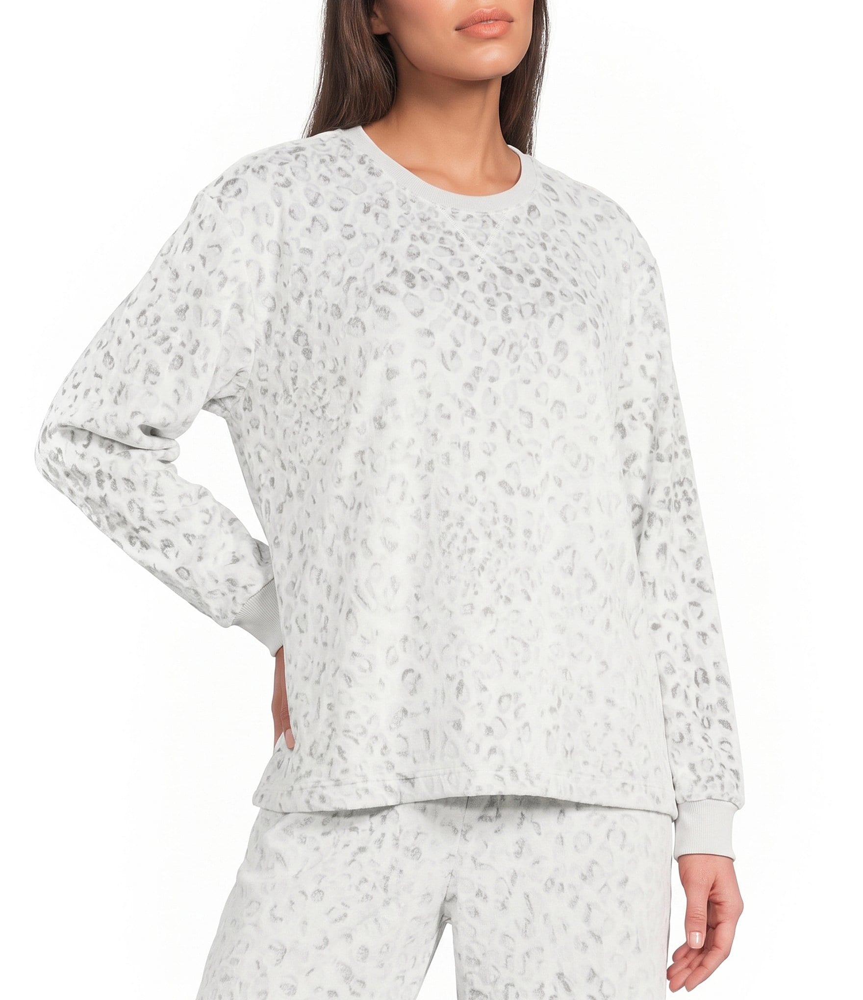 Sleep Sense Long Sleeve Crew Neck Velour Animal Print Coordinating Sleep Top