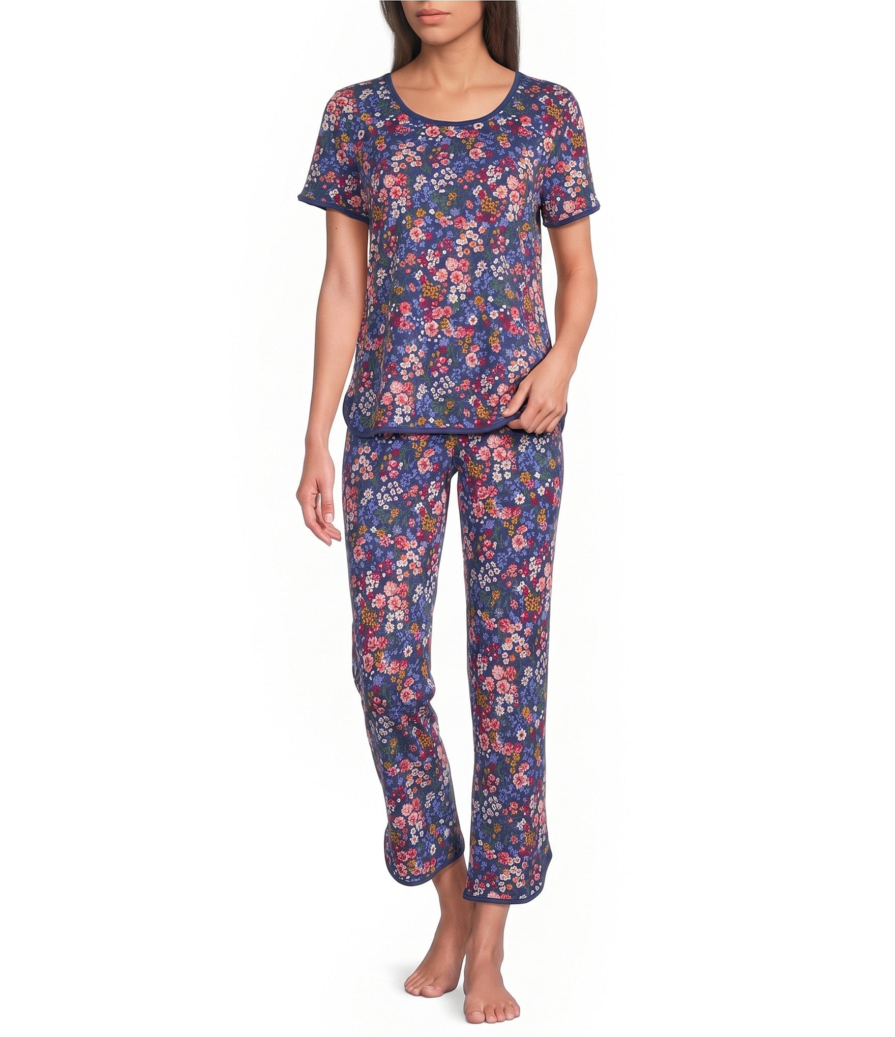 Sleep Sense Navy Garden Print Coordinating Knit Sleep Crop Pants