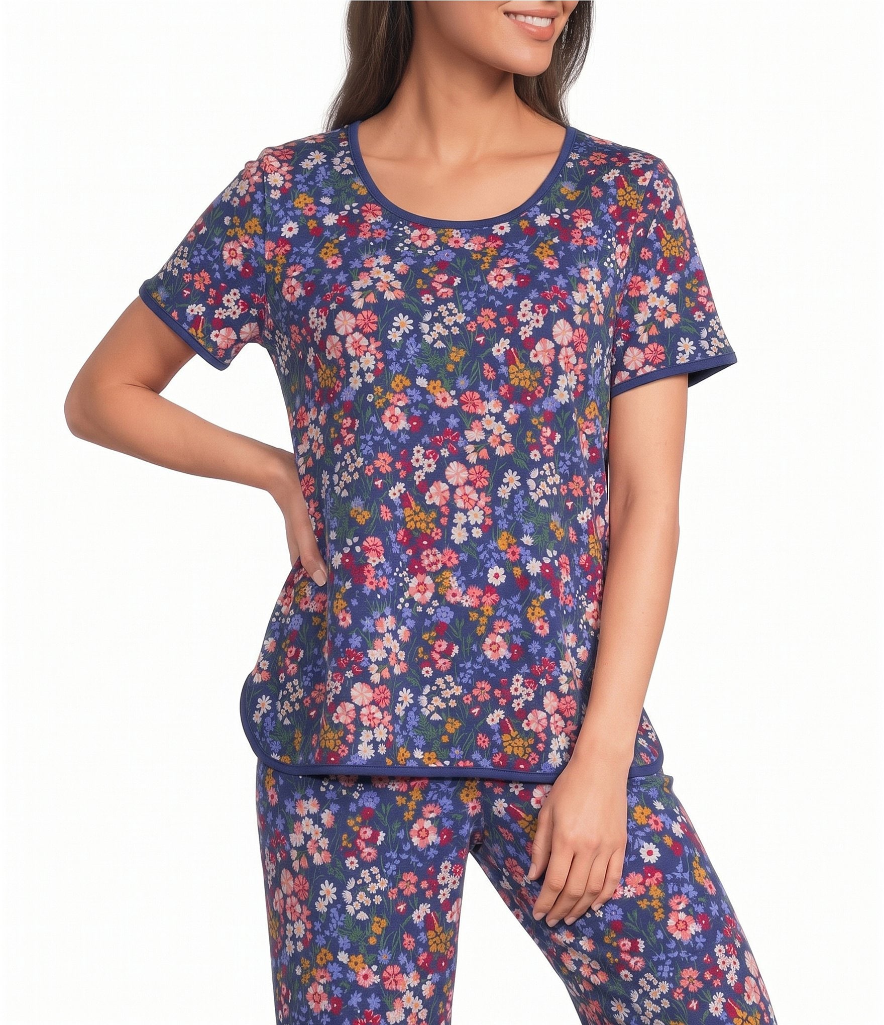 Sleep Sense Navy Garden Print Short Sleeve Scoop Neck Knit Coordinating Sleep Top