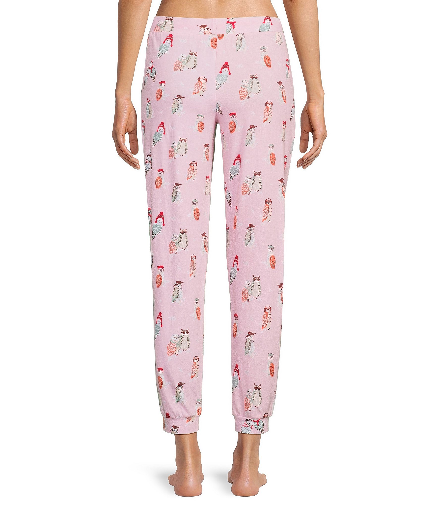 Sleep Sense Owl Print Knit Drawstring Tie Coordinating Sleep Joggers