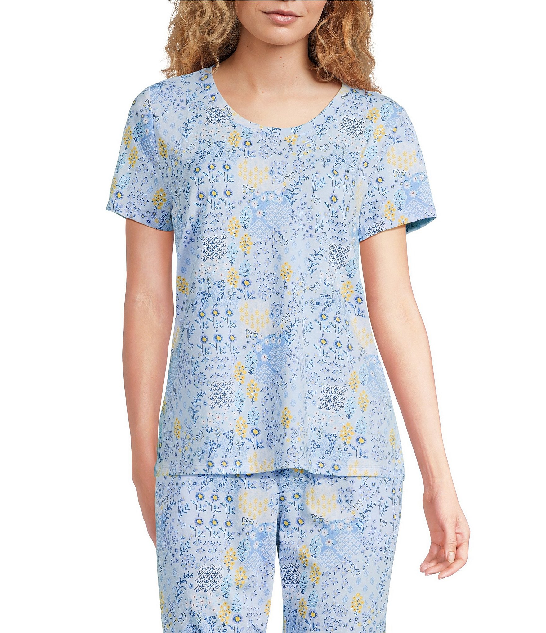 Sleep Sense Patchwork Floral Print Short Sleeve Crew Neck Coordinating Sleep Top