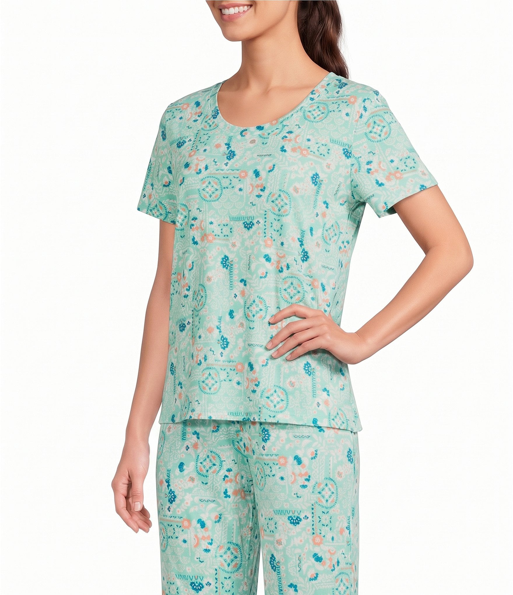Sleep Sense Patchwork Print Short Sleeve Scoop Neck Knit Coordinating Sleep Top