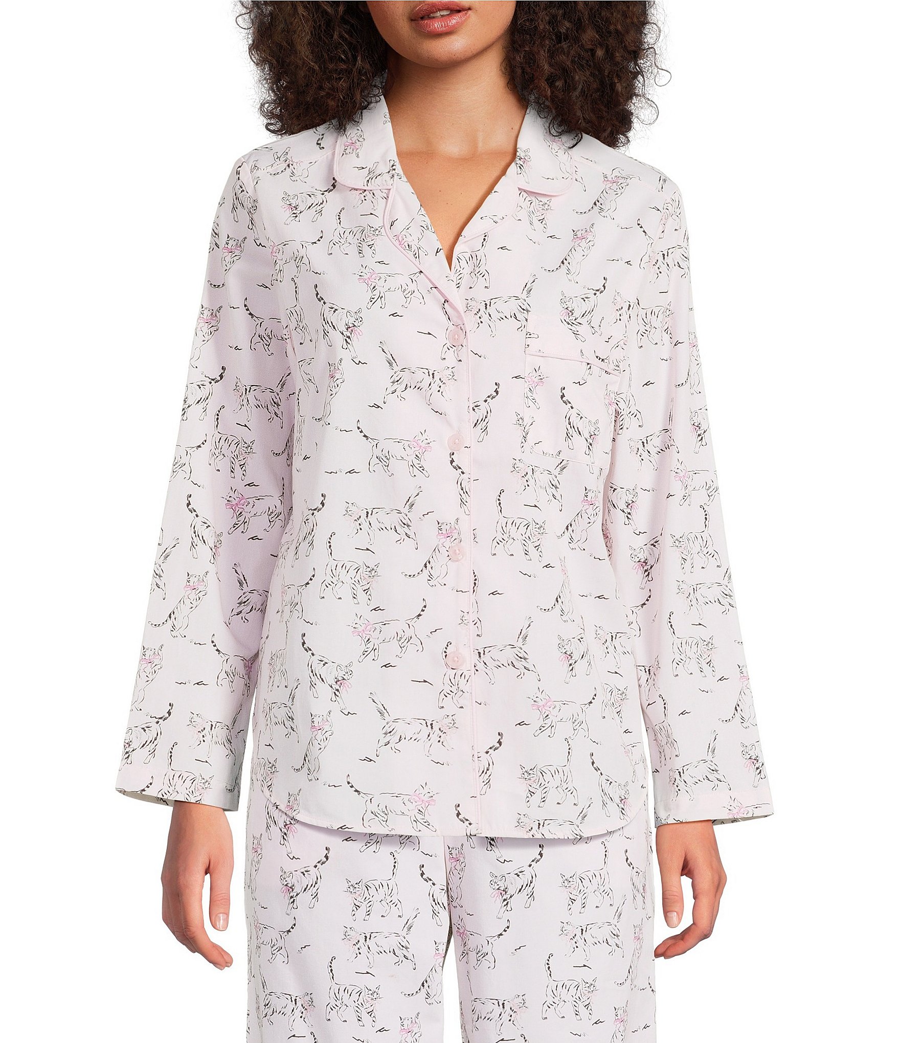 Sleep Sense Pink Cat Print Woven Twill Long Sleeve Notch Collar Button-Front Coordinating Sleep Top