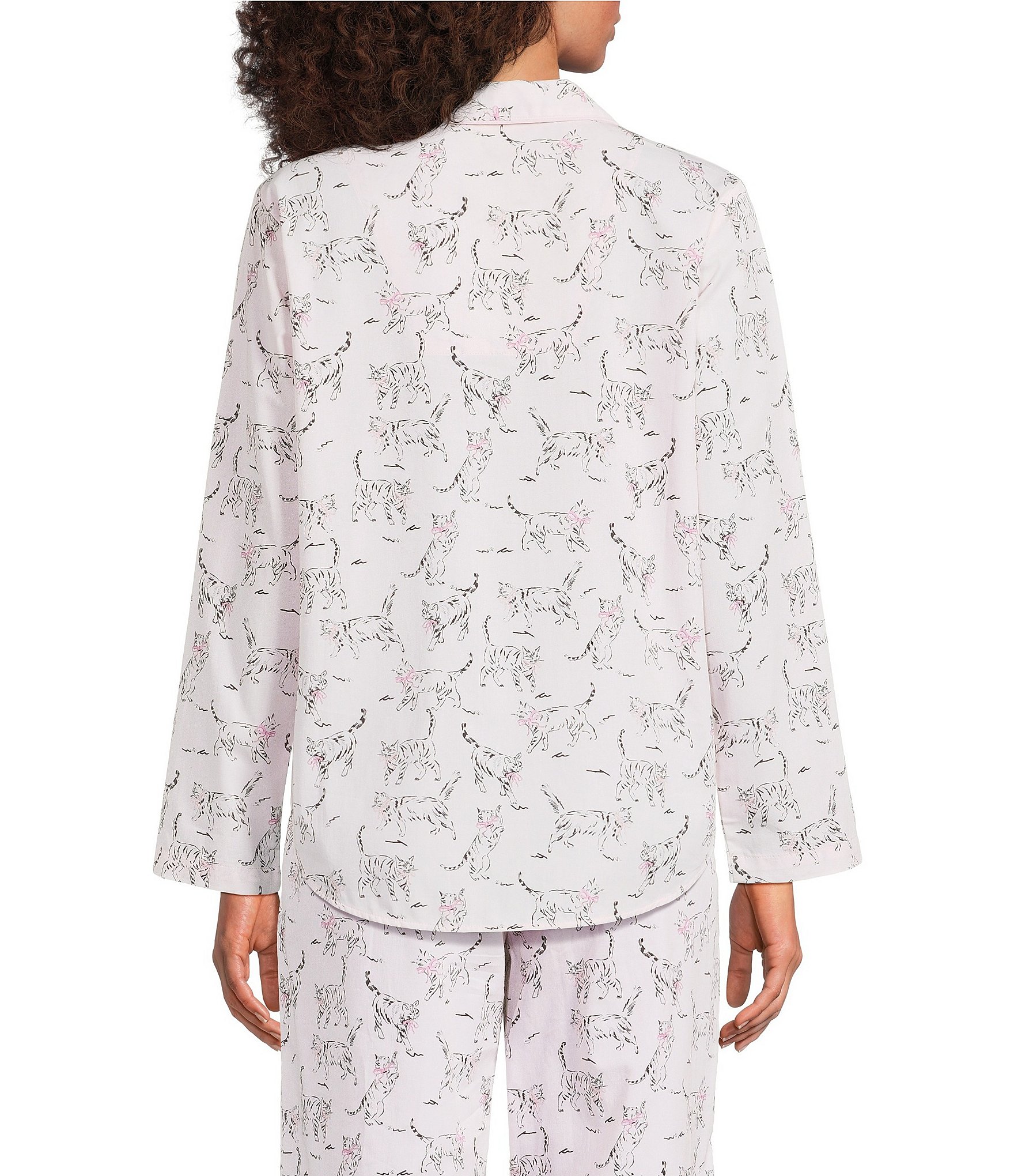 Sleep Sense Pink Cat Print Woven Twill Long Sleeve Notch Collar Button-Front Coordinating Sleep Top