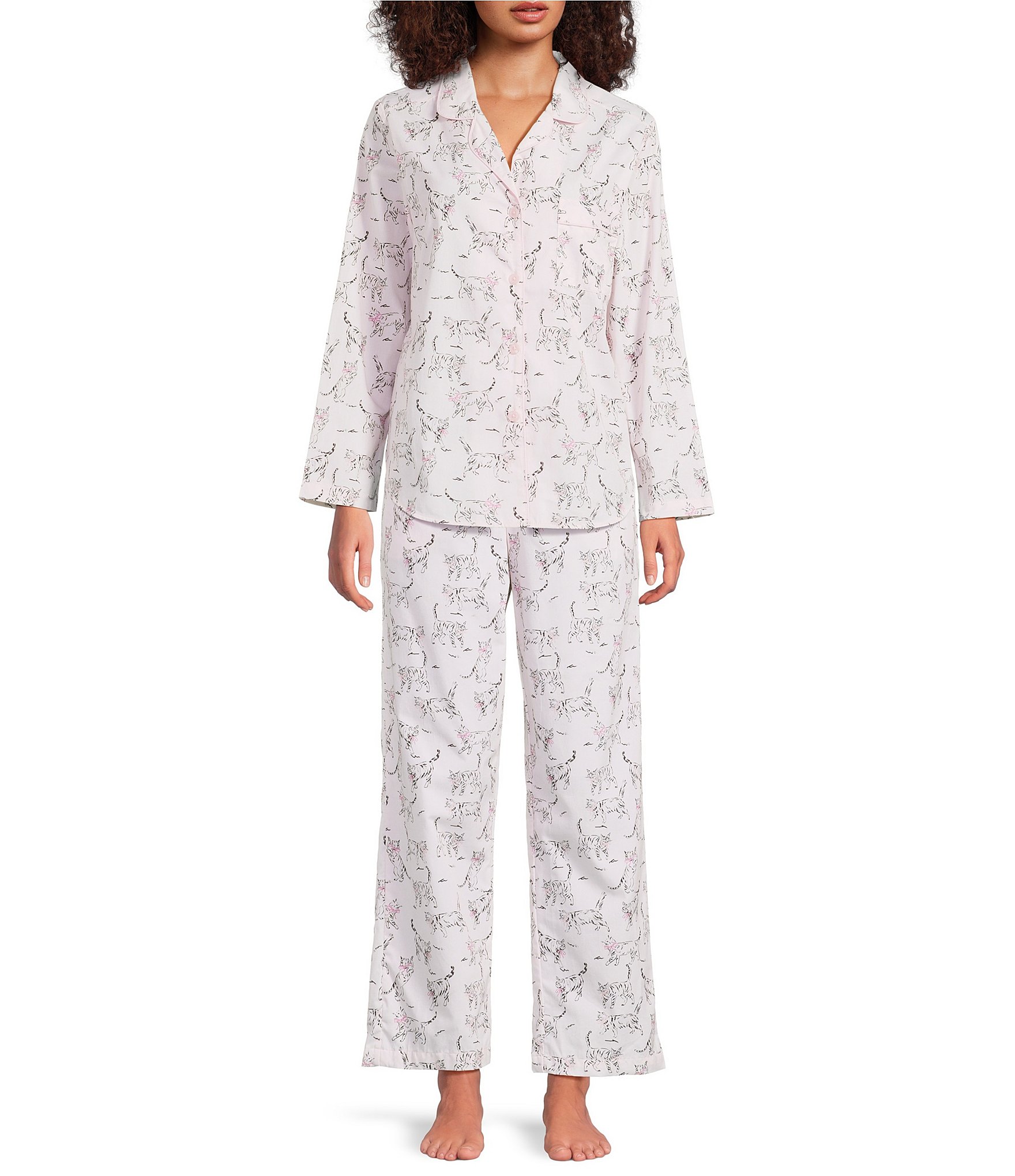 Sleep Sense Pink Cat Print Woven Twill Long Sleeve Notch Collar Button-Front Coordinating Sleep Top