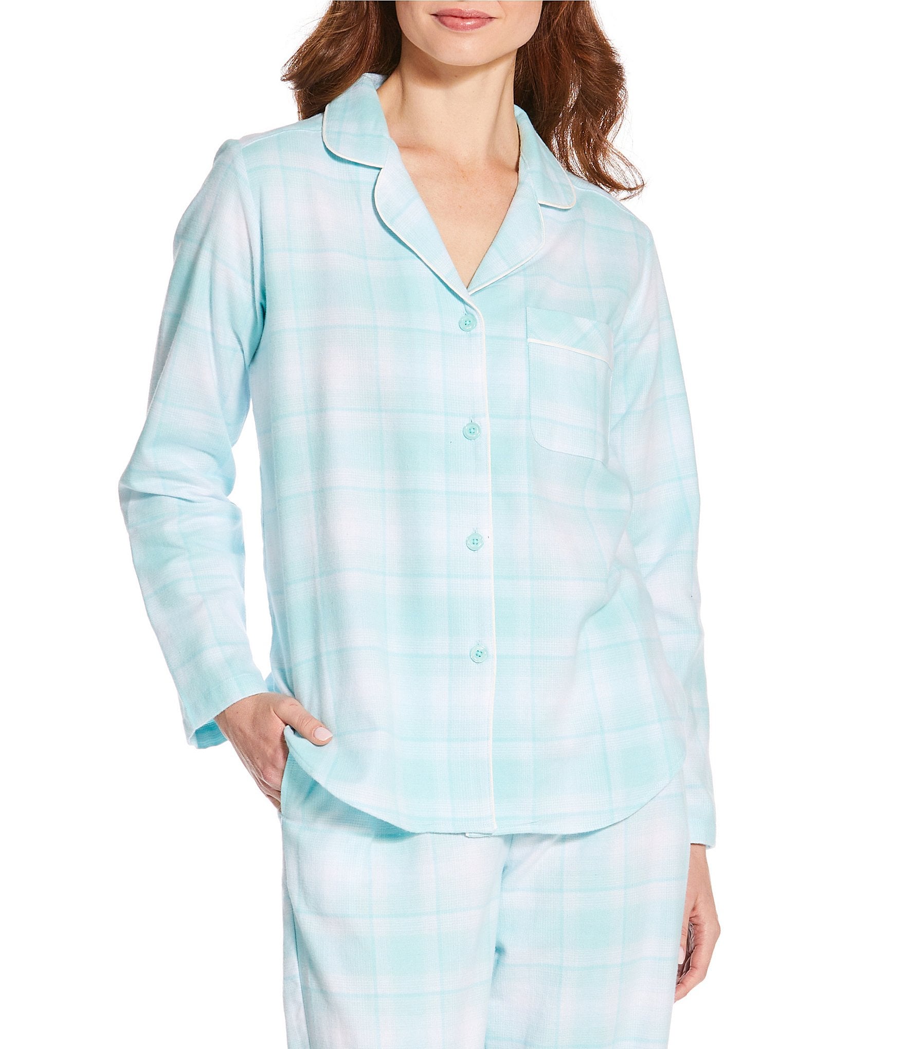 Sleep Sense Plaid Print Flannel Long Sleeve Notch Collar Coordinating Button Front Sleep Top