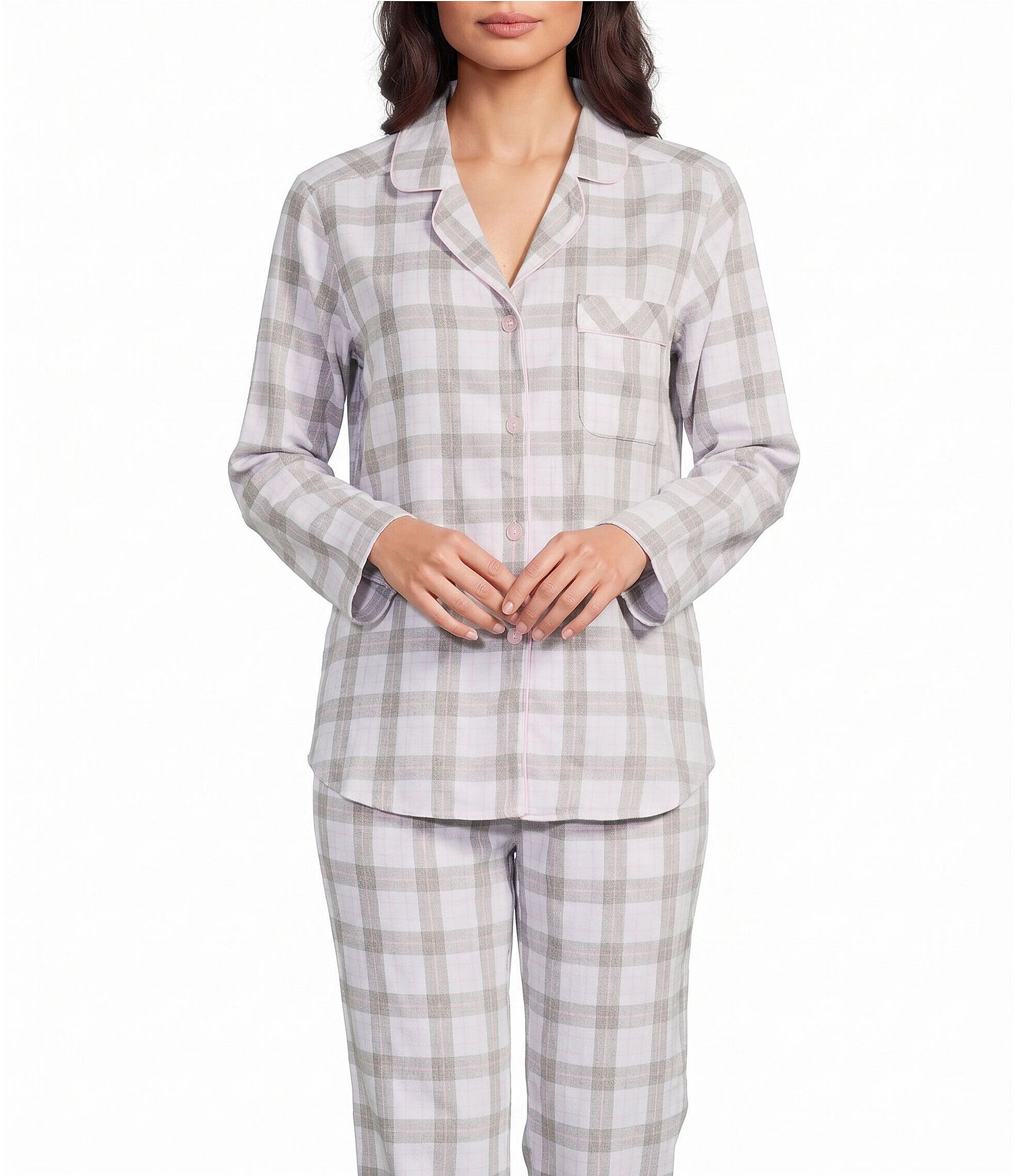 Sleep Sense Plaid Print Portuguese Flannel Yarn Dye Long Sleeve Notch Collar Button-Front Coordinating Sleep Top
