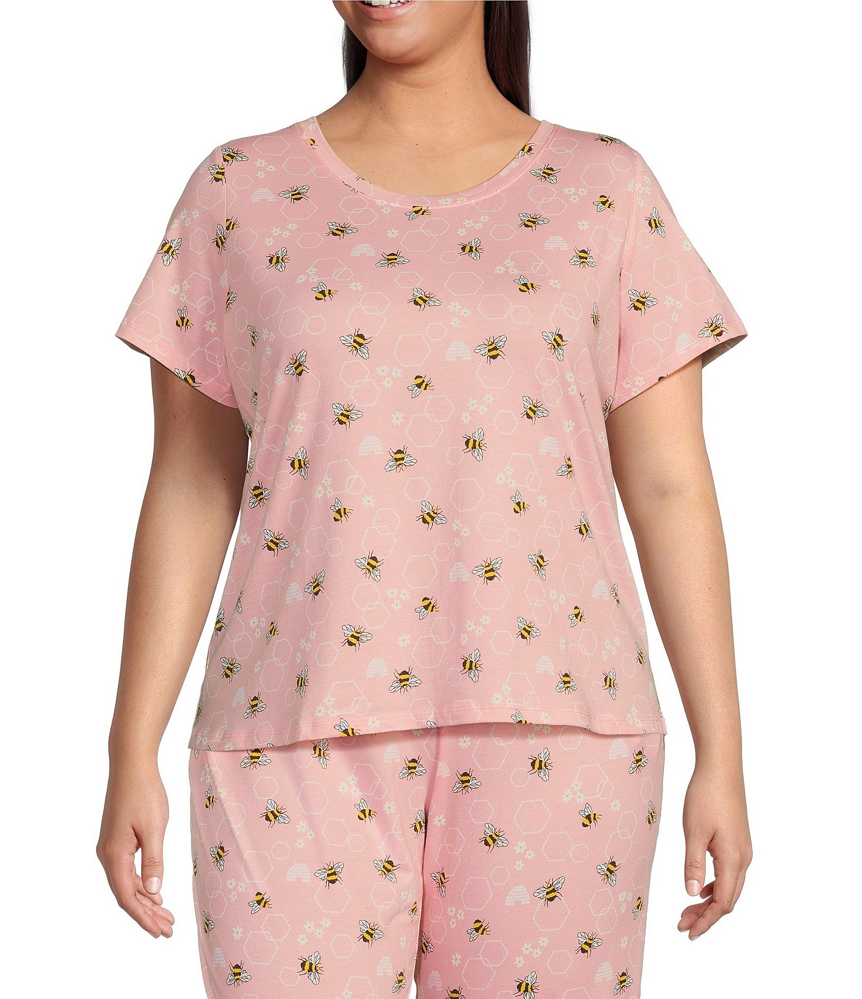 Sleep Sense Plus Size Bees & Honey Print Short Sleeve Scoop Neck Knit  Coordinating Sleep Top | Dillard's