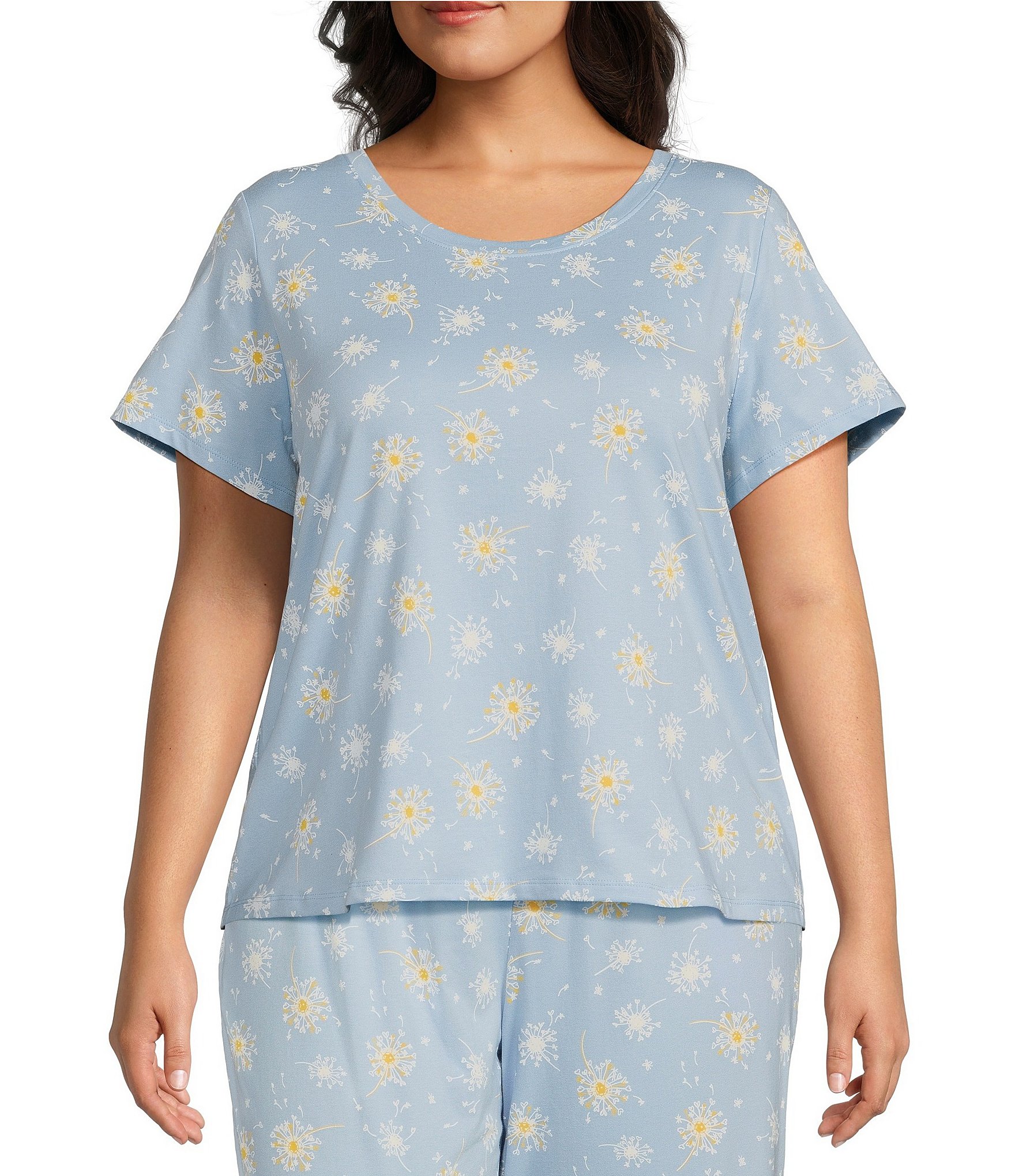 Sleep Sense Plus Size Dandelion Print Short Sleeve Scoop Neck Knit  Coordinating Sleep Top | Dillard's