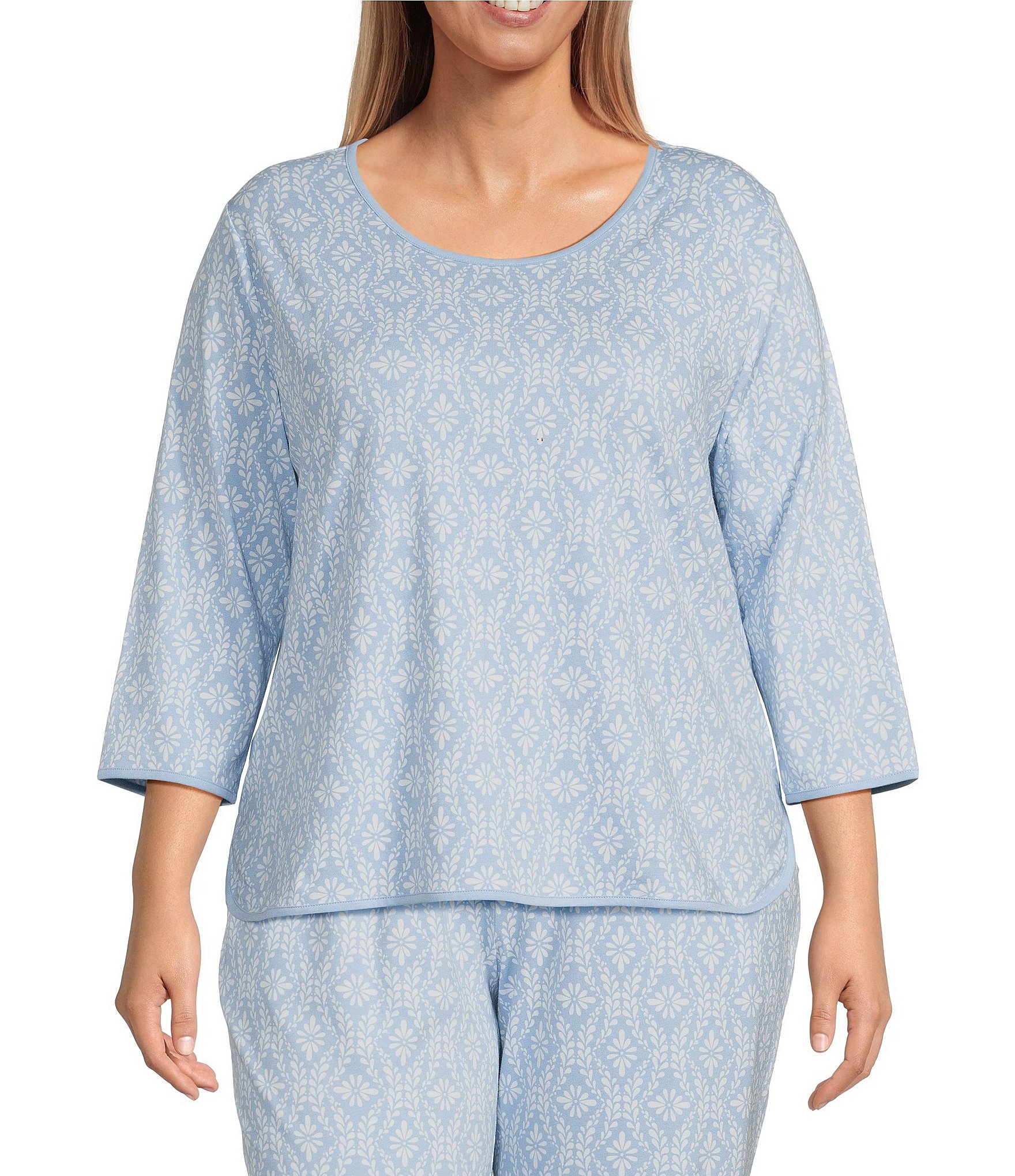 Sleep Sense Plus Size Floral Geometric Print Scoop Neck 3/4 Sleeve