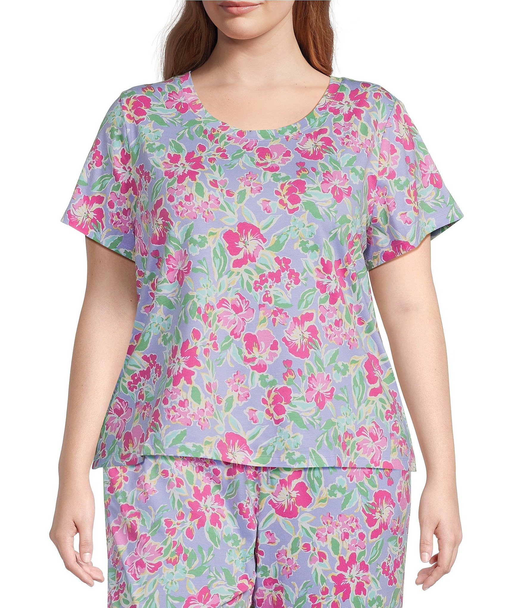 Sleep Sense Plus Size Floral Print Short Sleeve Scoop Neck Coordinating Sleep Top