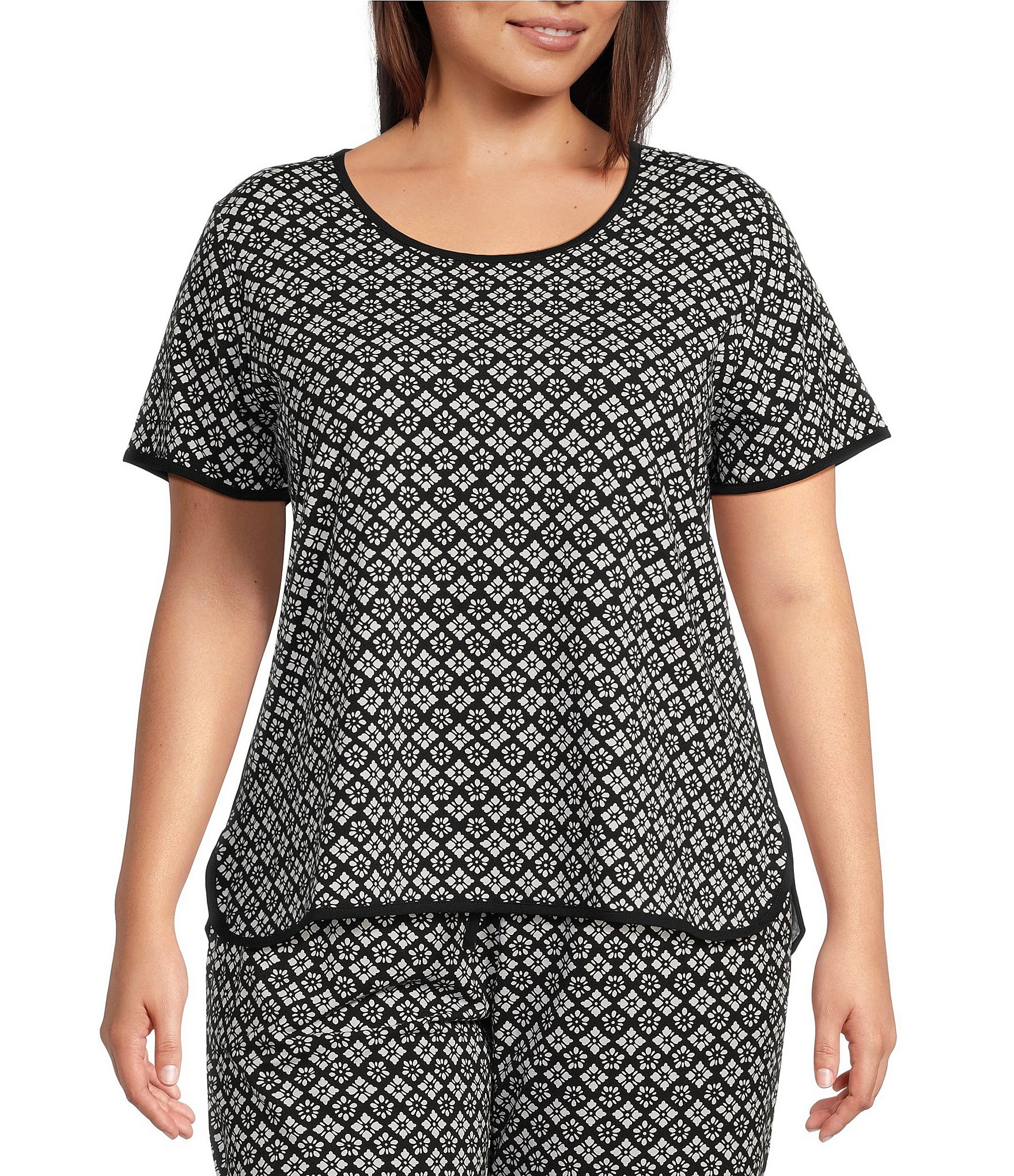 Sleep Sense Plus Size Geometric Print Short Sleeve Crew Neck Coordinating Knit Sleep Tee Shirt