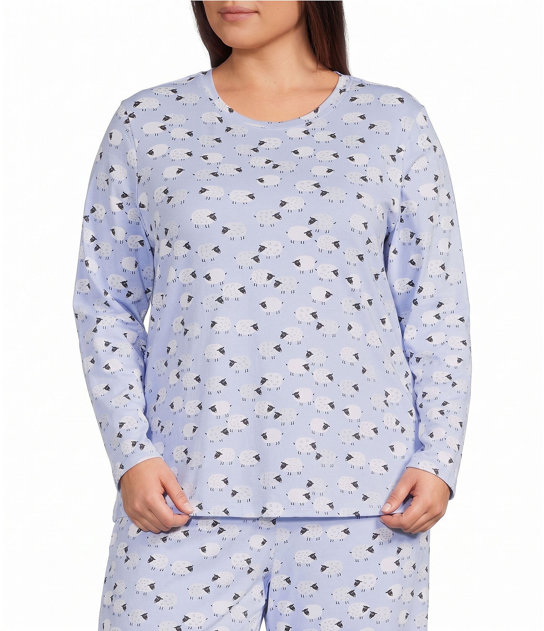 Sleep Sense Plus Size Jersey Knit Sheep Long Sleeve Crew Neck Coordinating Sleep Top
