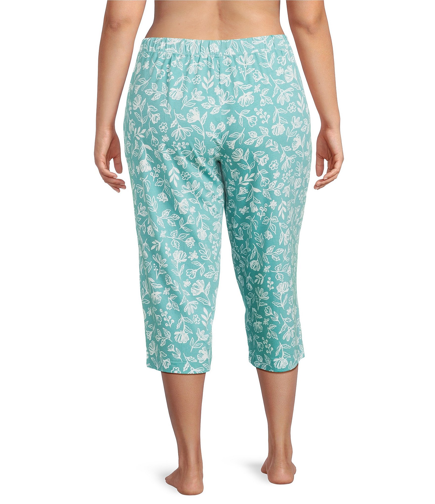 Sleep Sense Plus Size Knit Sketch Floral Print Drawstring Tie Coordinating Sleep Capri Pants