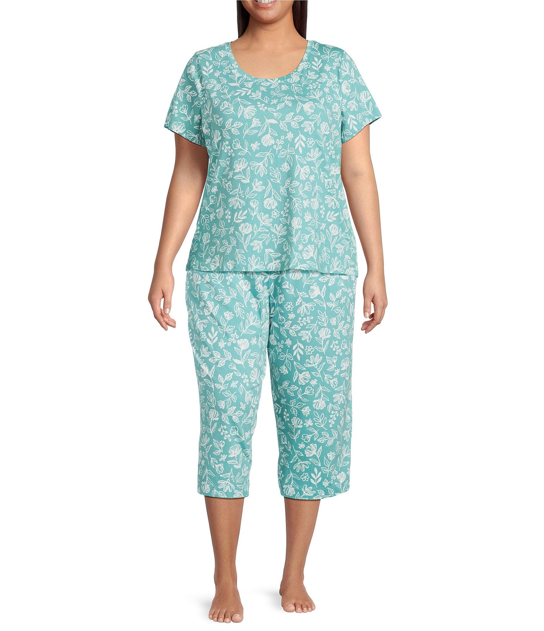 Sleep Sense Plus Size Knit Sketch Floral Print Drawstring Tie Coordinating Sleep Capri Pants