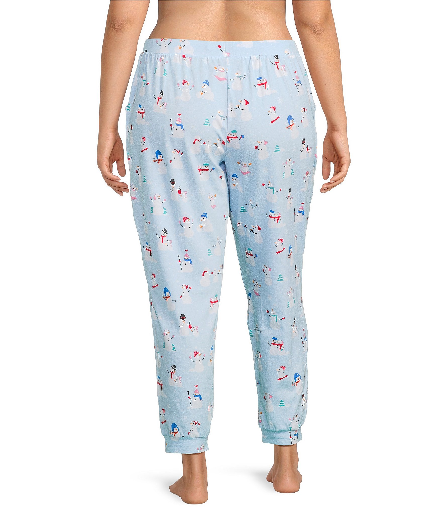 Sleep Sense Plus Size Knit Snowmen Pals Print Drawstring Tie Coordinating Holiday Sleep Jogger