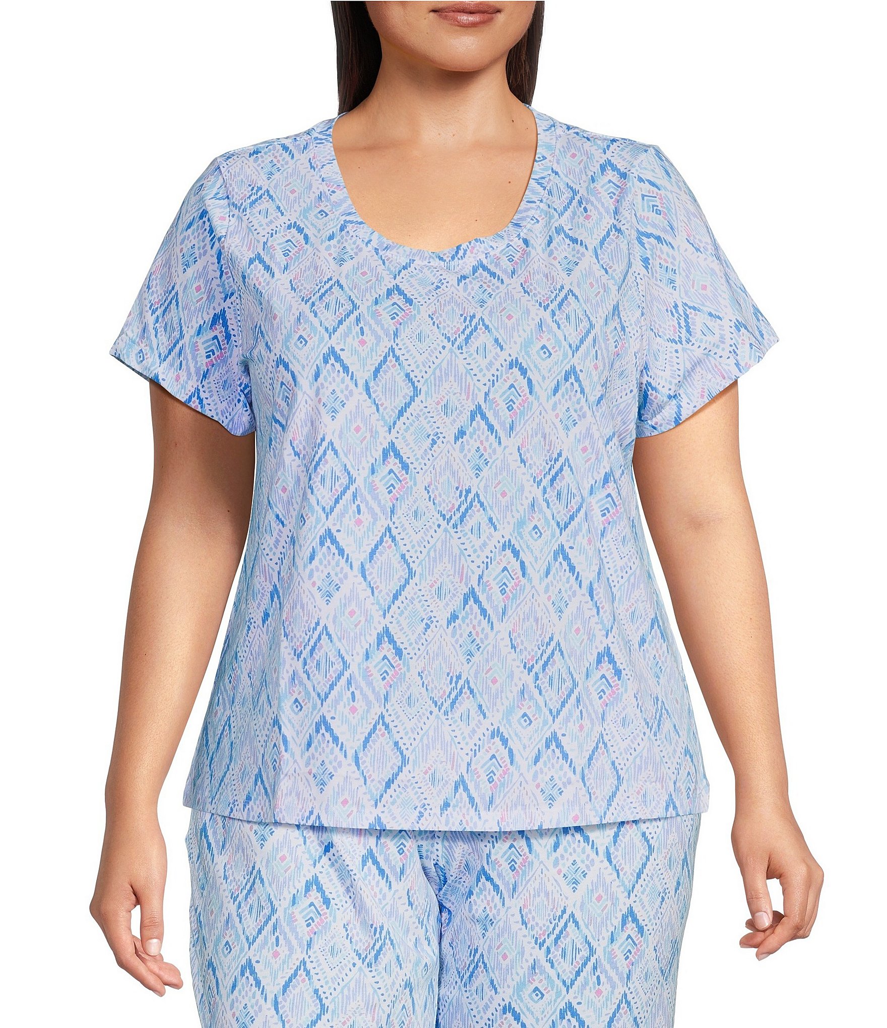 Sleep Sense Plus Size Multi Ikat Print Short Sleeve Scoop Neck Coordinating Sleep Top