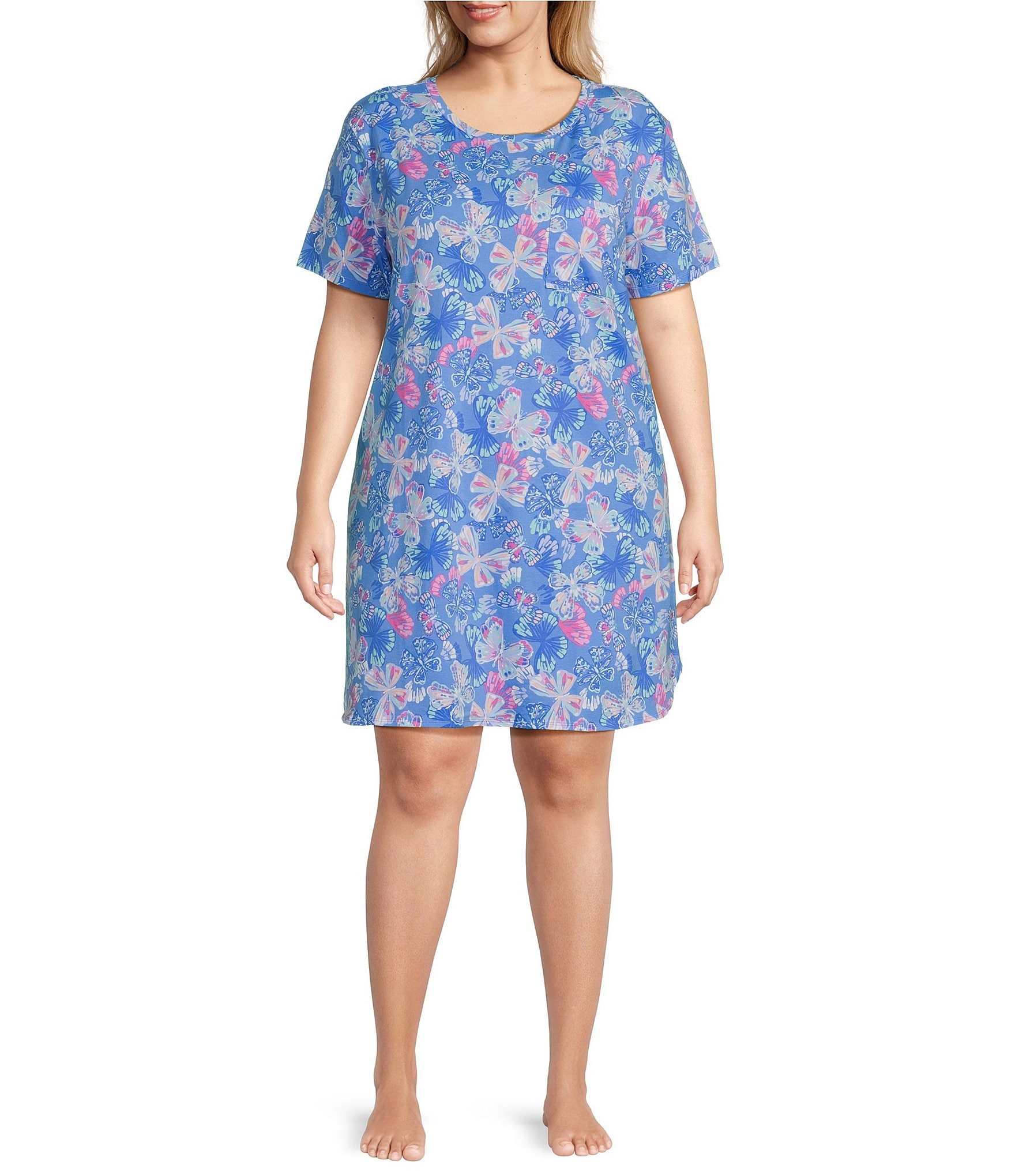 Sleep Sense Plus Size Short Sleeve Crew Neck Butterfly Print Knit Nightgown