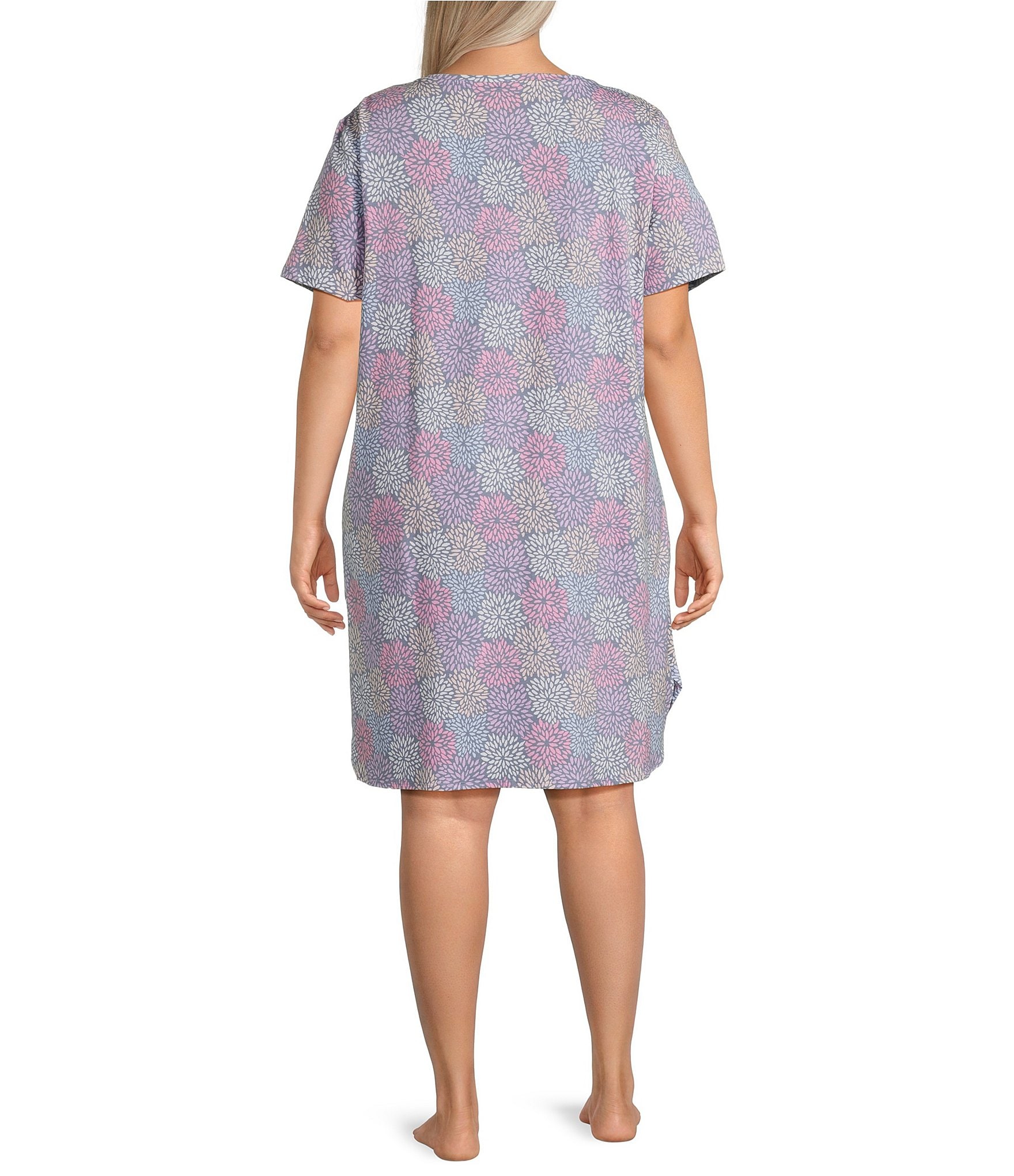 Sleep Sense Plus Size Short Sleeve Crew Neck Spring Mums Print Chest Pocket Knit Nightgown