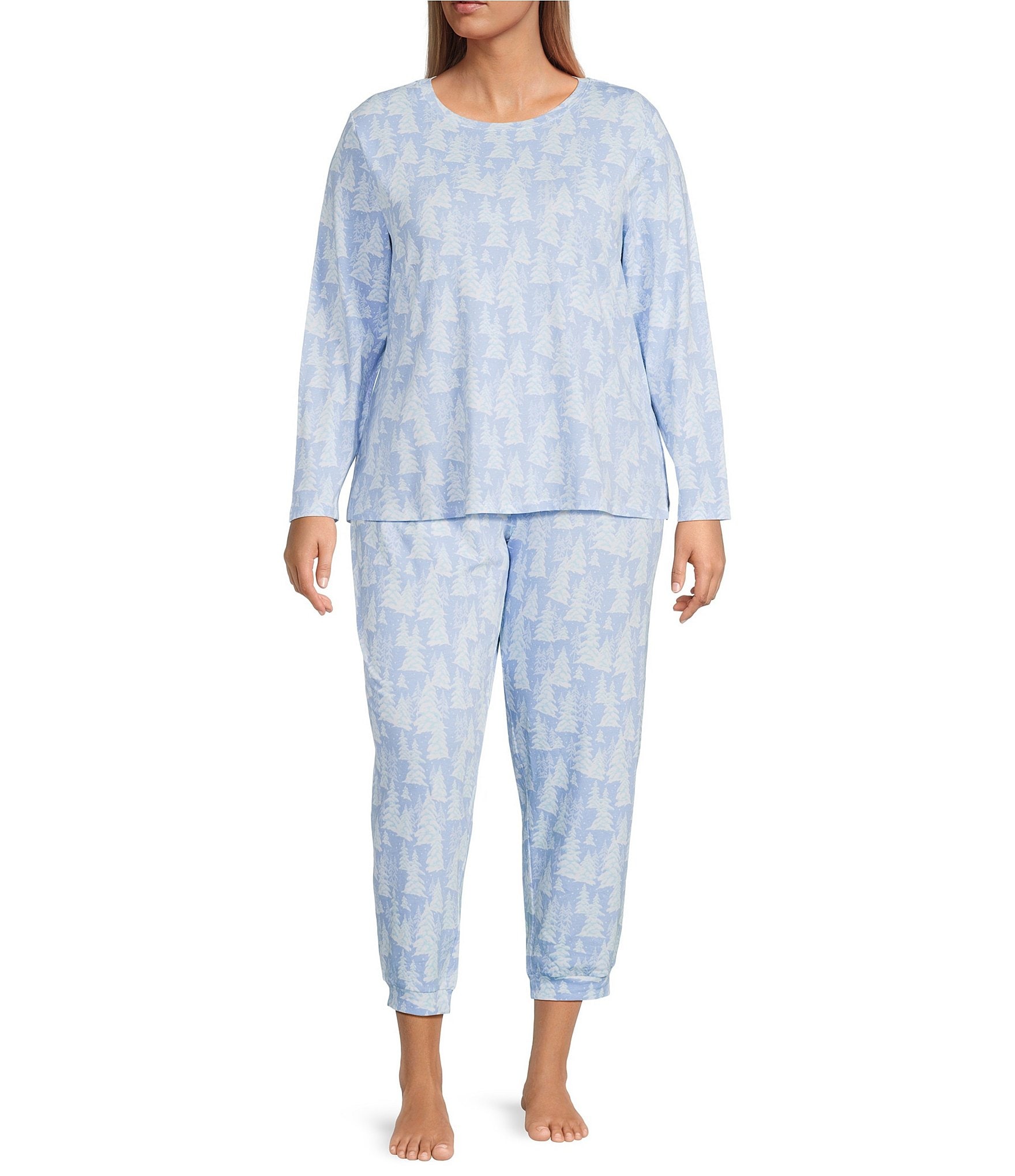 Sleep Sense Plus Size Snowy Trees Print Knit Drawstring Tie Coordinating Holiday Sleep Joggers