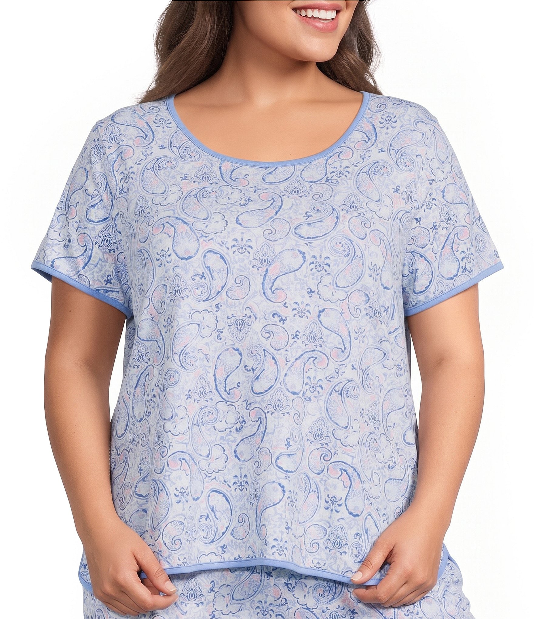 Sleep Sense Plus Size Sweet Paisley Print Short Sleeve Scoop Neck Knit Coordinating Sleep Top