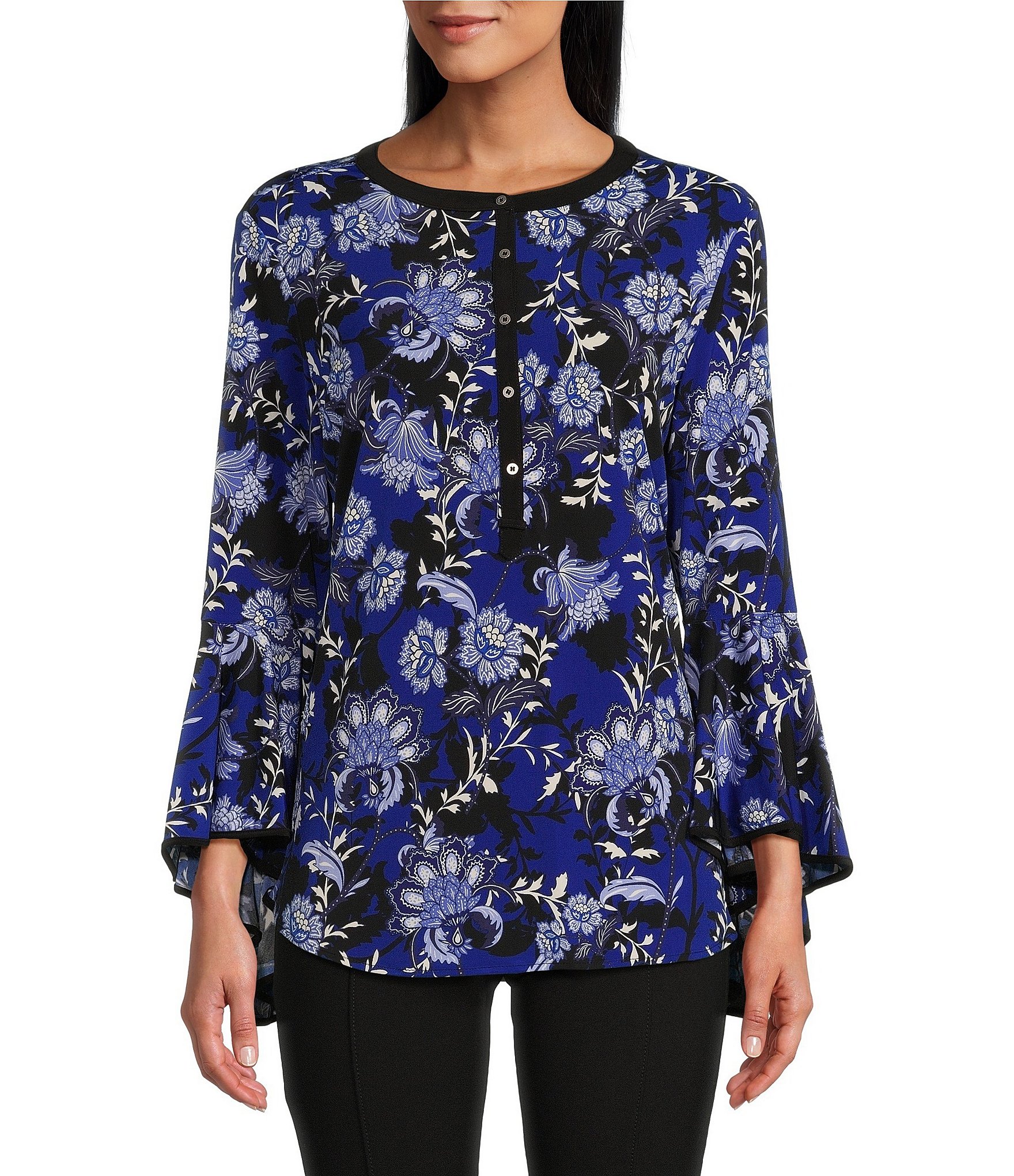 Slim Factor by Investments Floral Print Long Ruffled Sleeve Button ...