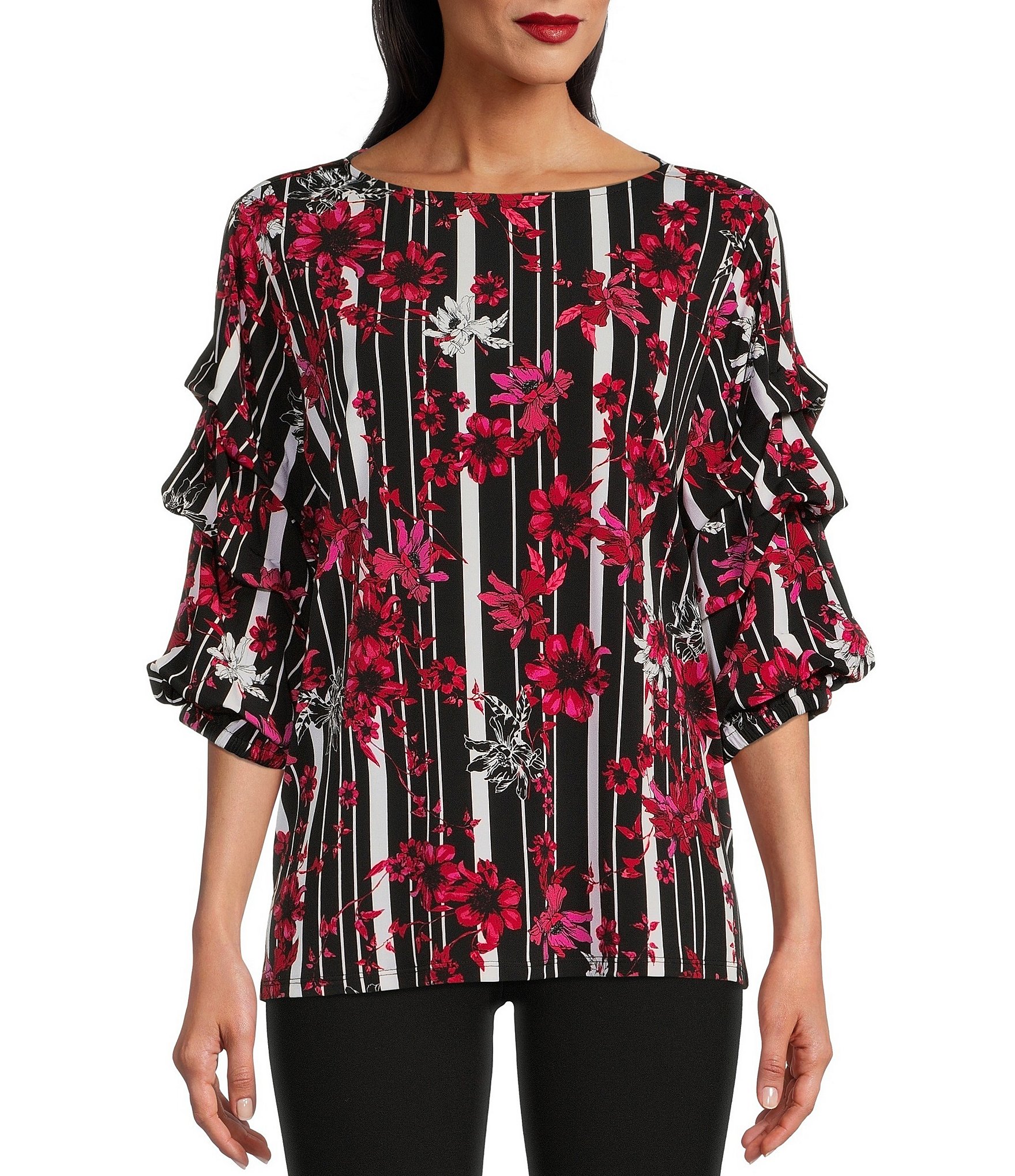 Slim Factor by Investments Floral Stripe Print 3 Tier Sleeve Knit Top ...
