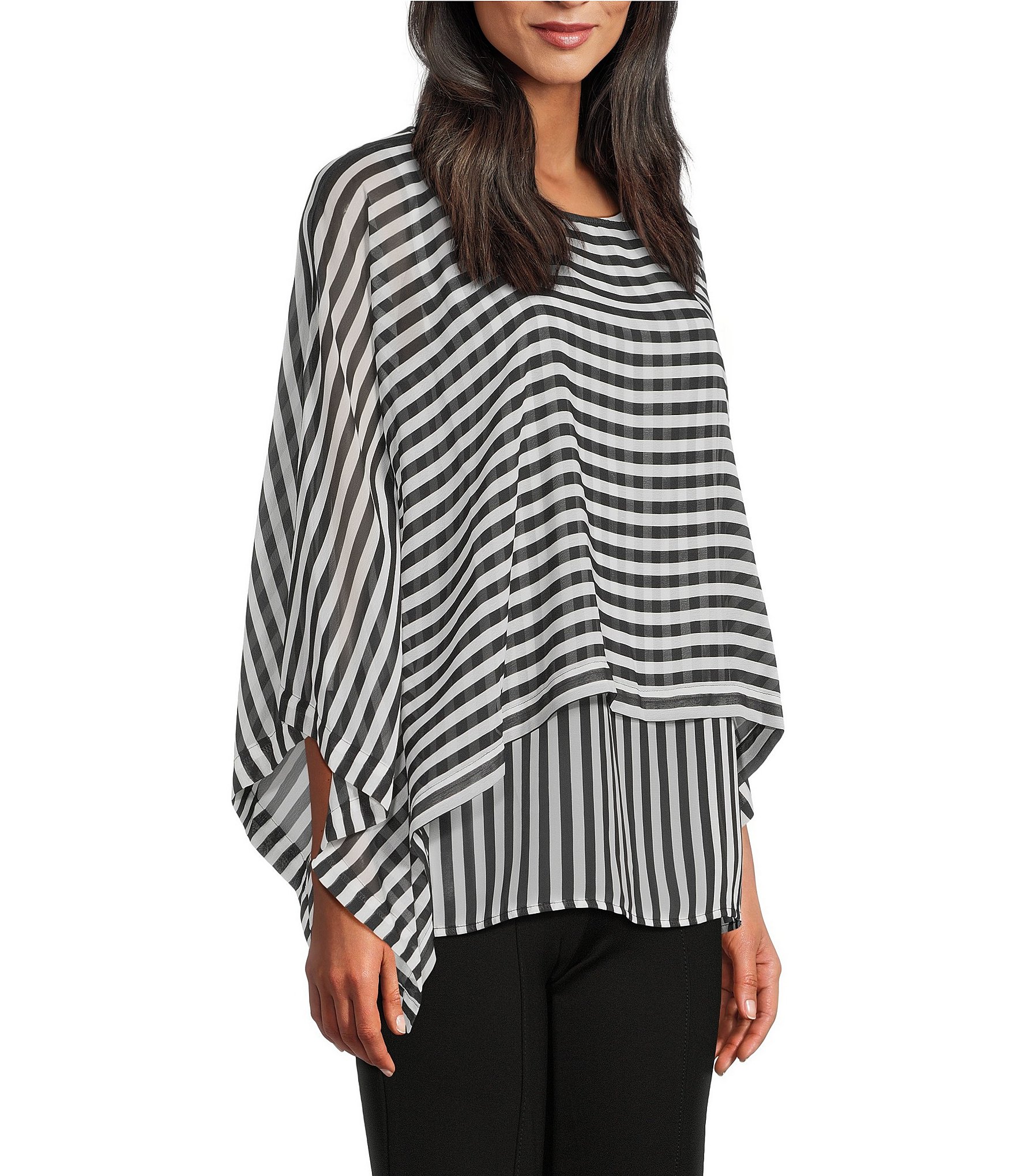 Slim Factor by Investments Gingham Print 3/4 Sleeve Crew Neck Double Layer Top