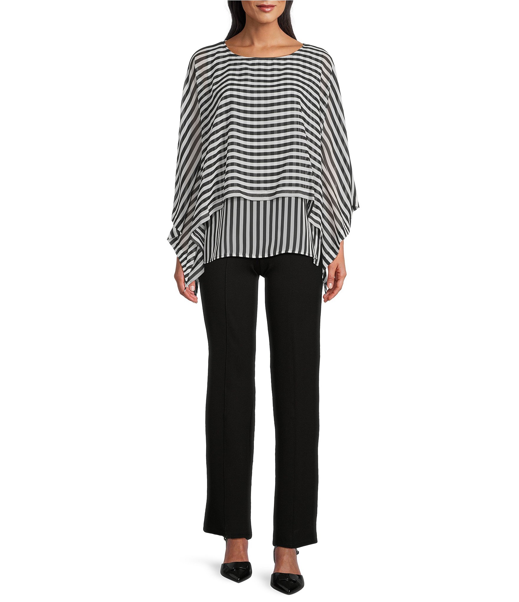 Slim Factor by Investments Gingham Print 3/4 Sleeve Crew Neck Double Layer Top
