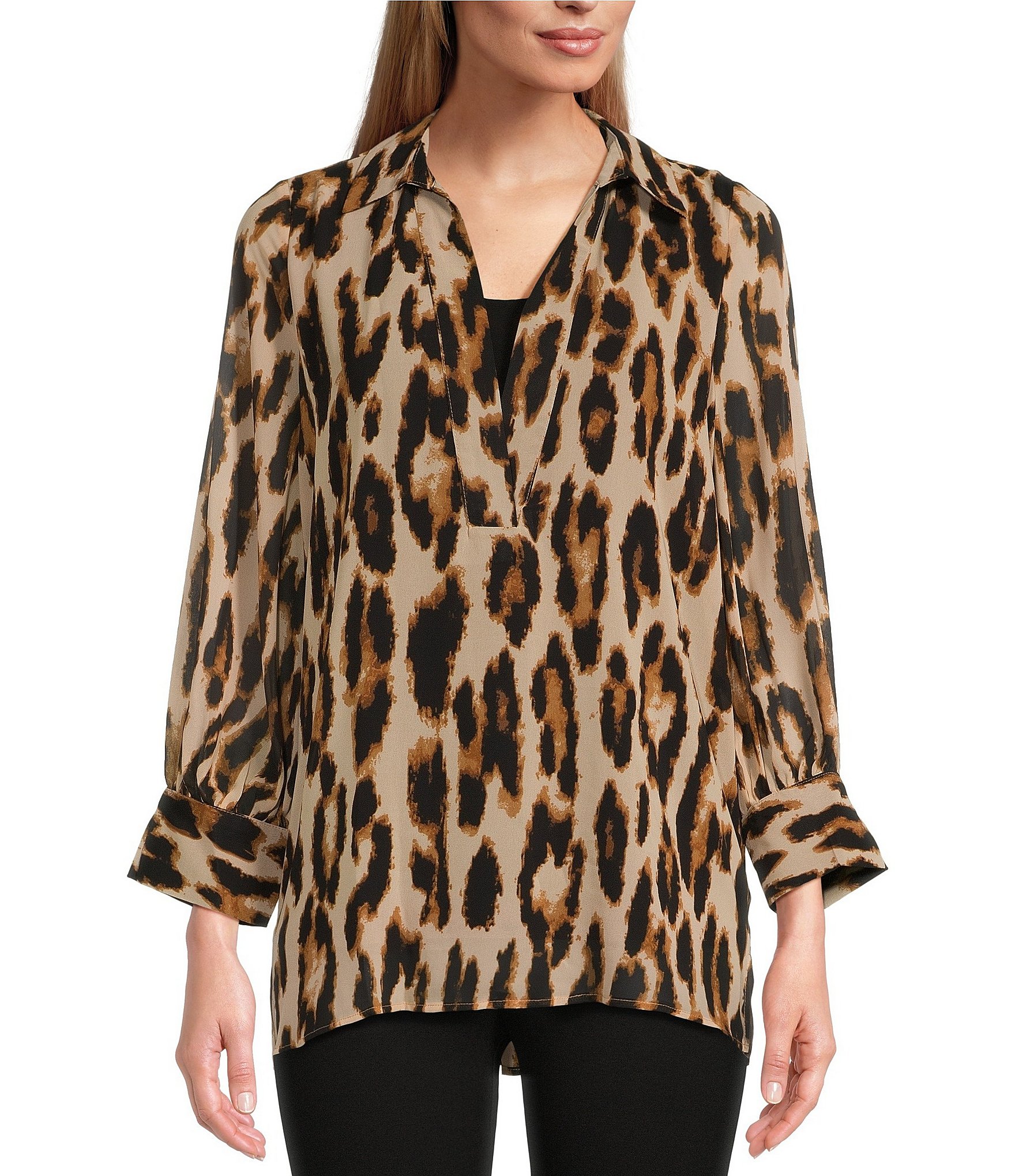 Slim Factor by Investments Leopard Print Sheer 3/4 Sleeve Collared V ...
