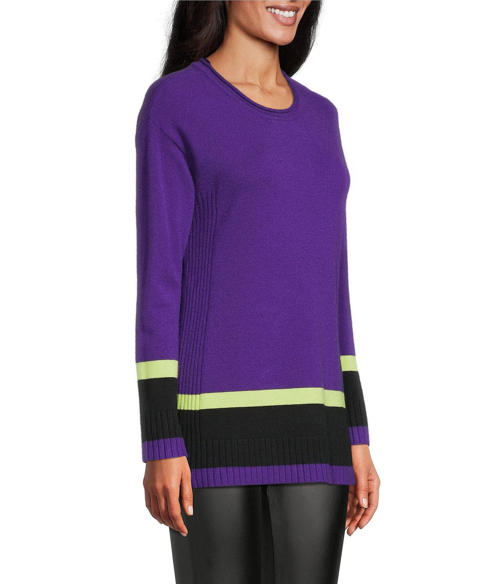 Slim Factor by Investments Madison Crew Neck Long Sleeve Double Stripe Sweater